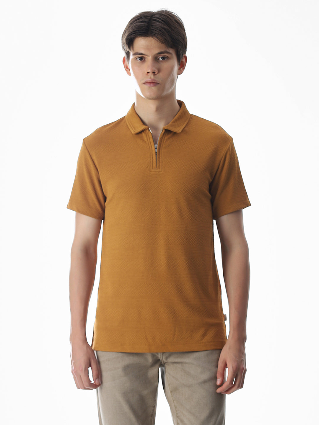 Brown Jacquard Half-Zip Polo