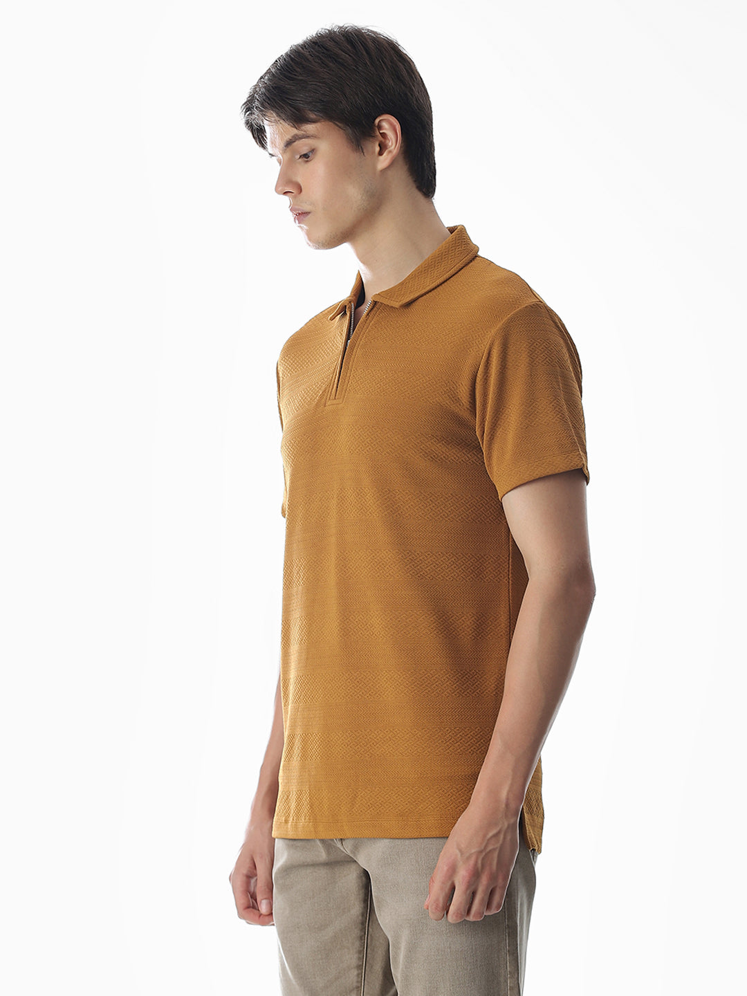 Brown Jacquard Half-Zip Polo