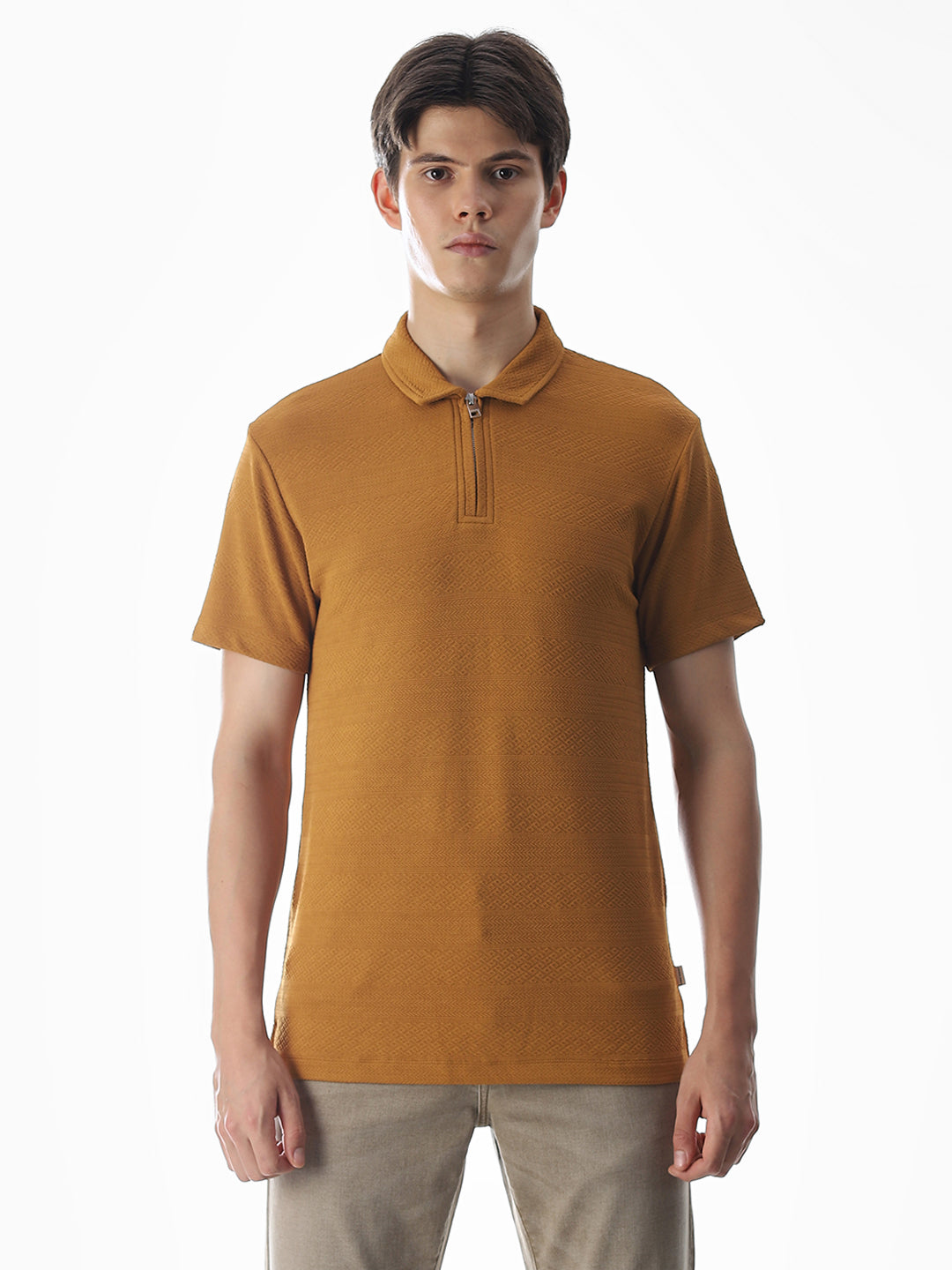 Brown Jacquard Half-Zip Polo