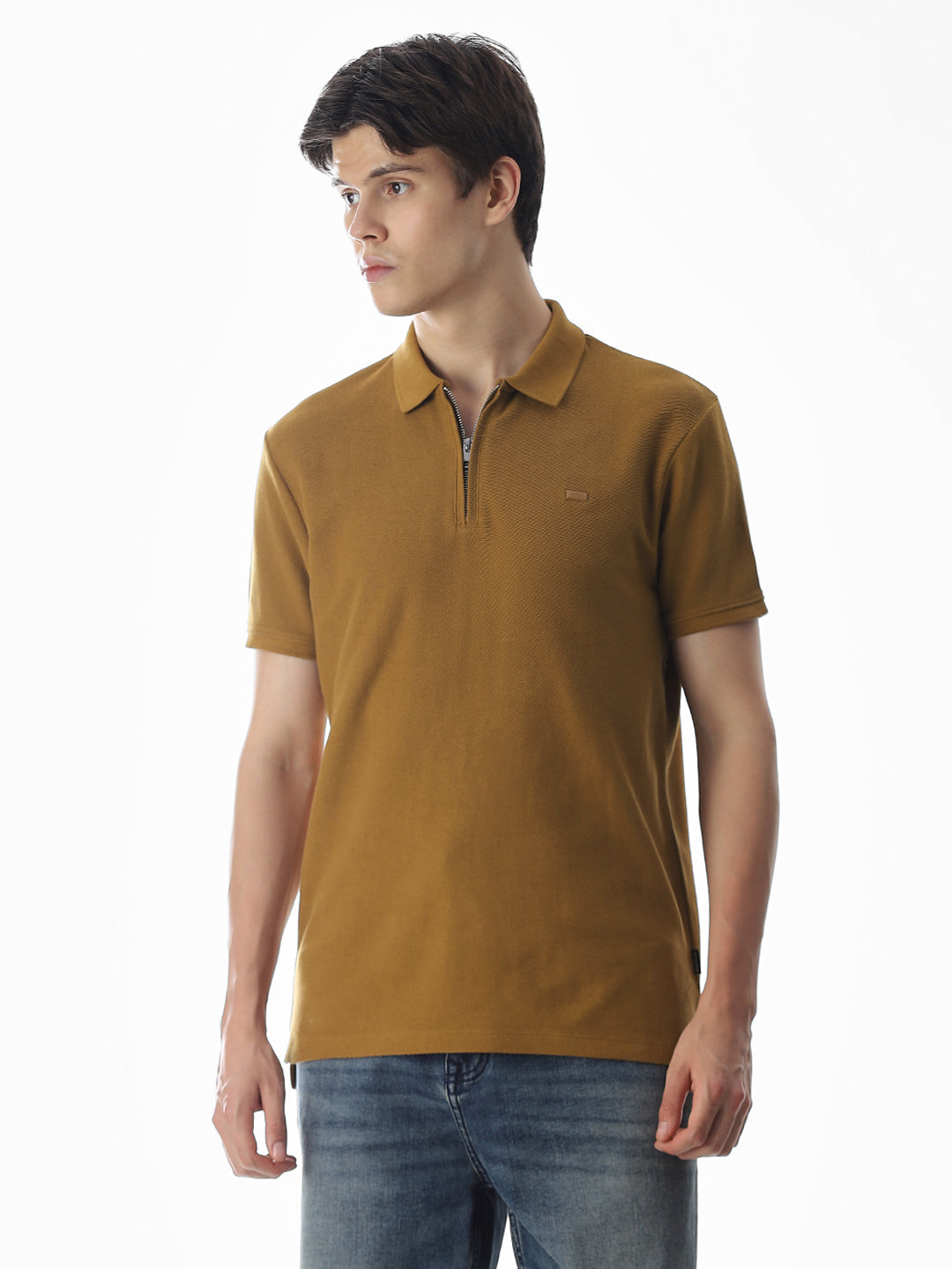 Brown Zip-Up Cotton Polo