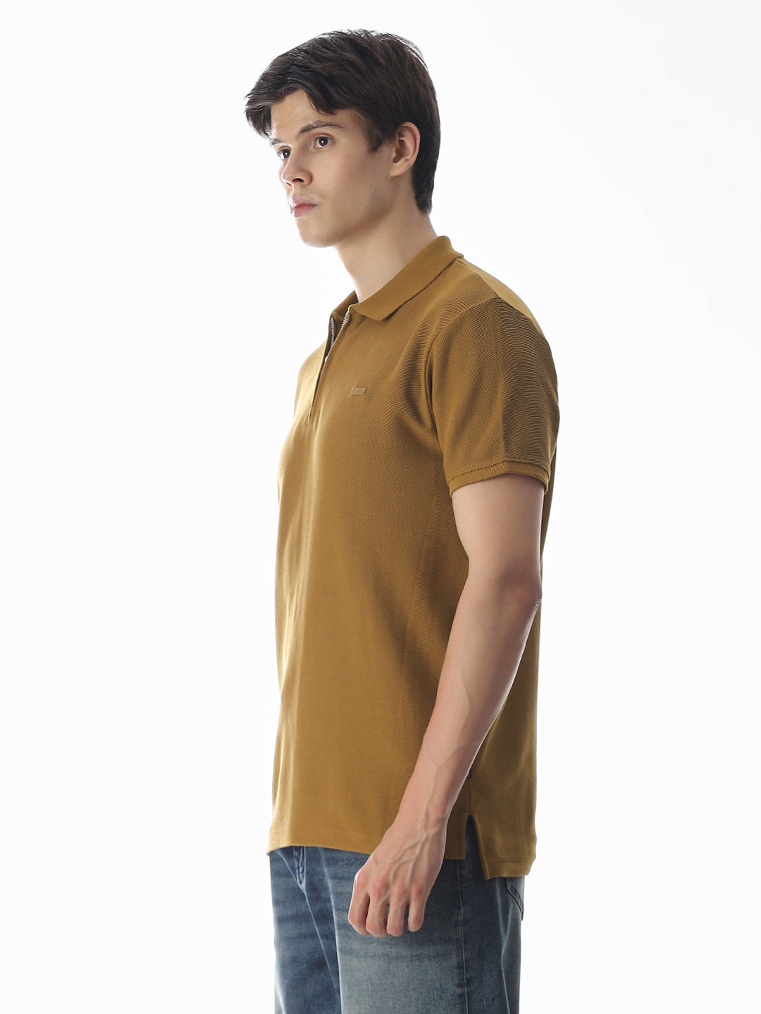 Brown Zip-Up Cotton Polo