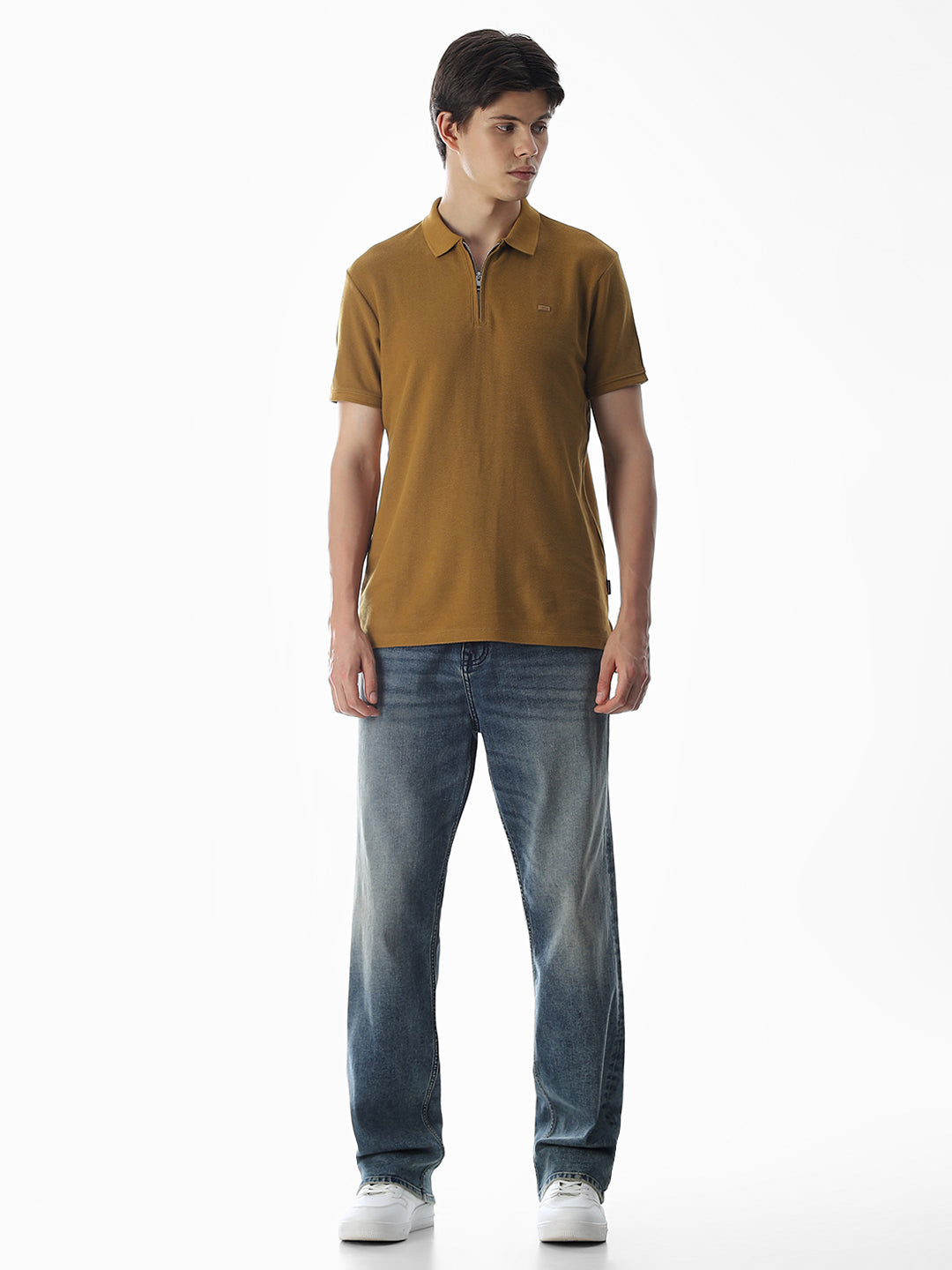 Brown Zip-Up Cotton Polo