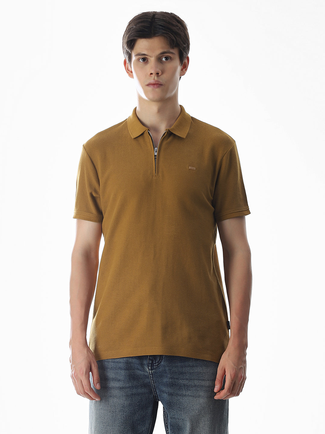 Brown Zip-Up Cotton Polo