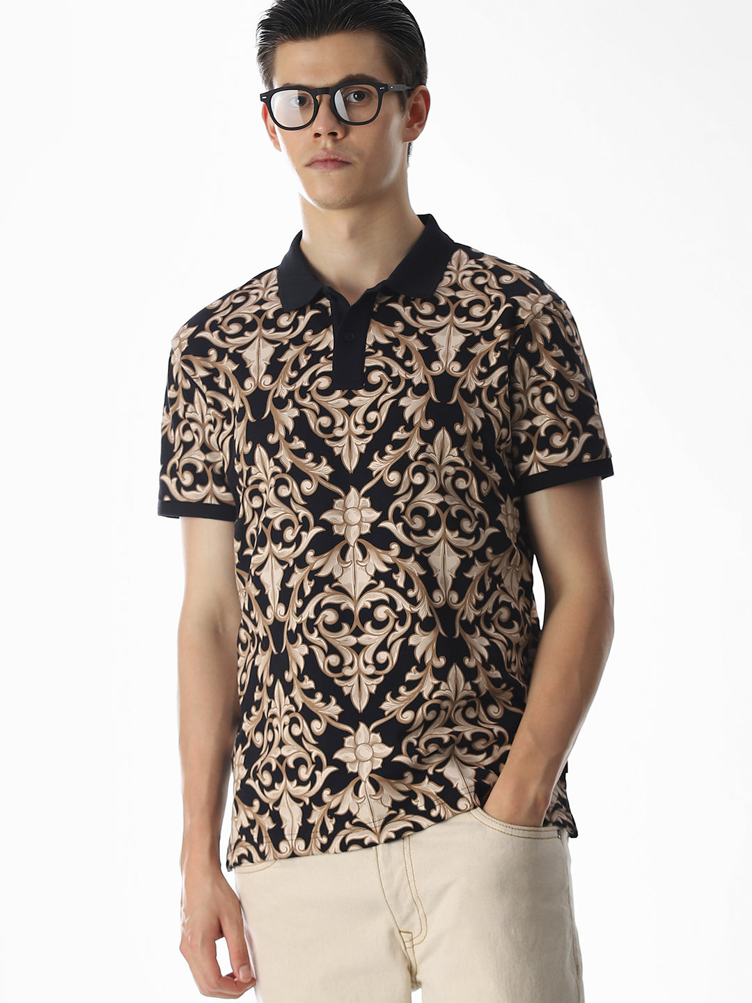 Black Printed Cotton Polo