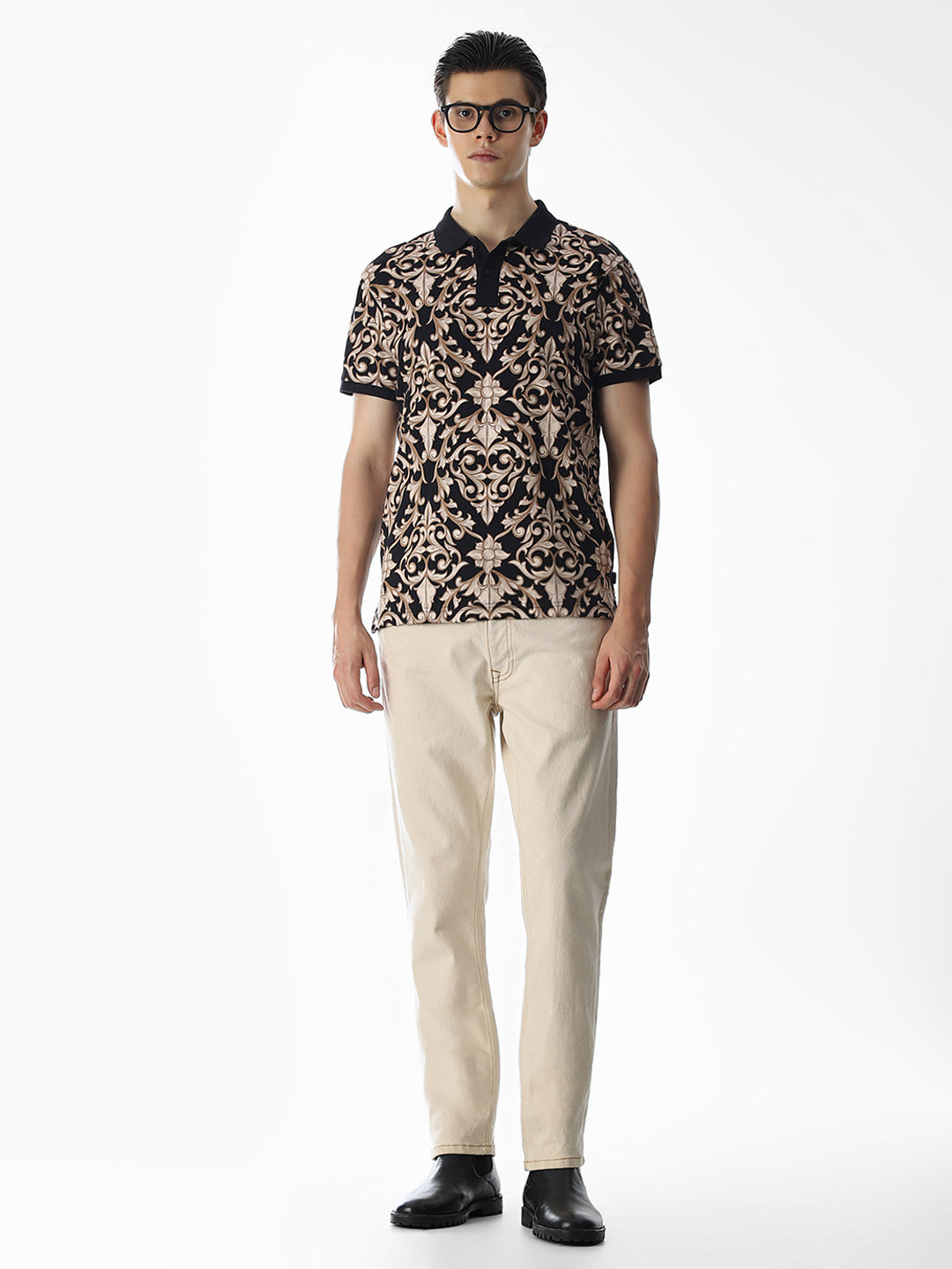 Black Printed Cotton Polo