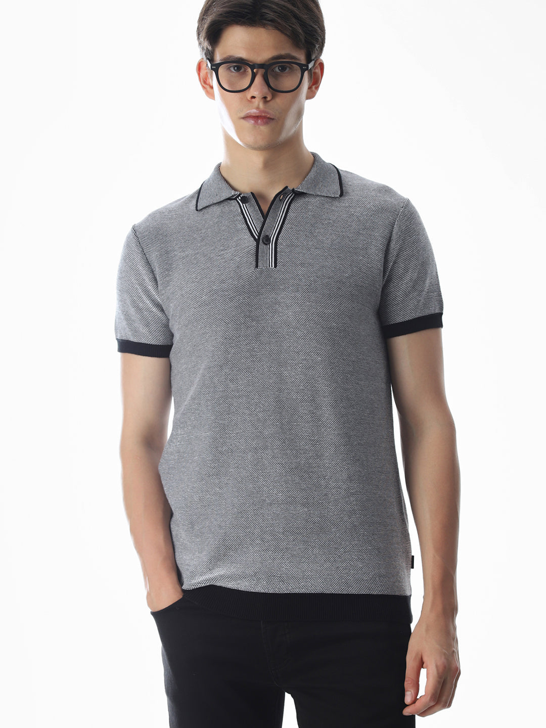 Grey Jacquard Knitted Polo