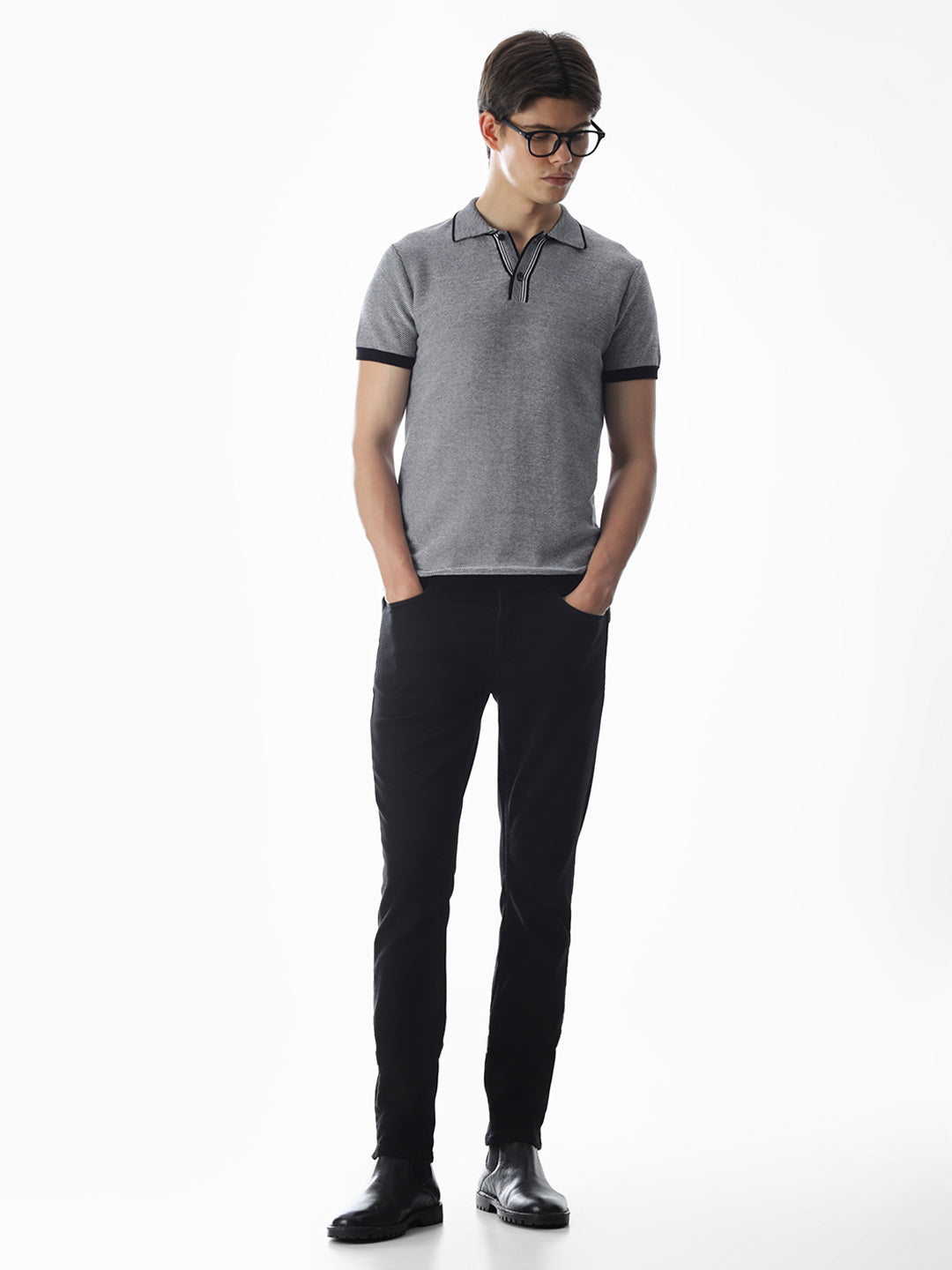 Grey Jacquard Knitted Polo