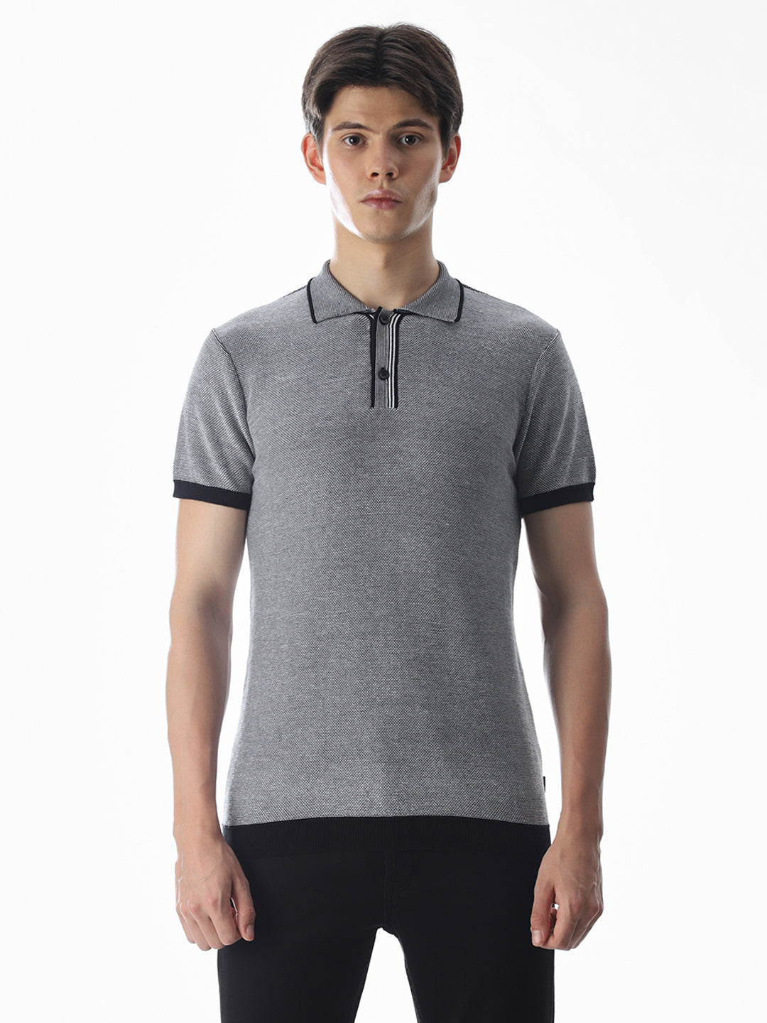 Grey Jacquard Knitted Polo