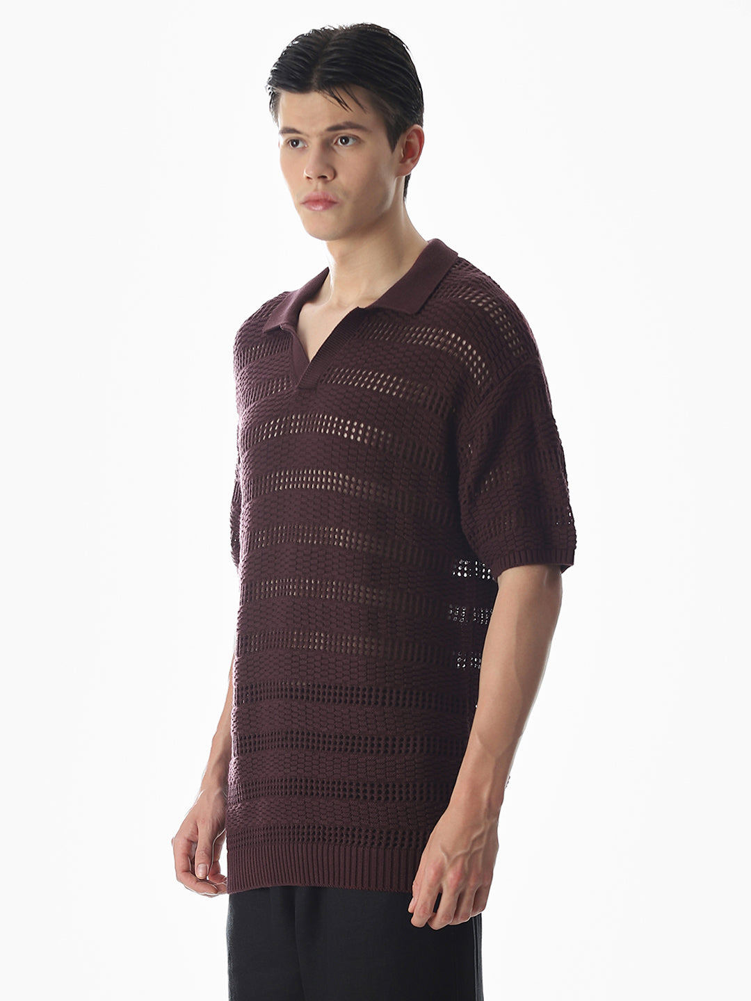 Wine Knitted Jacquard Oversized Polo