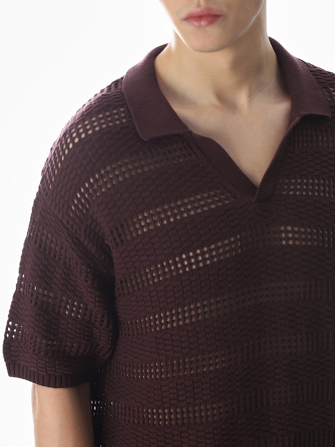 Wine Knitted Jacquard Oversized Polo