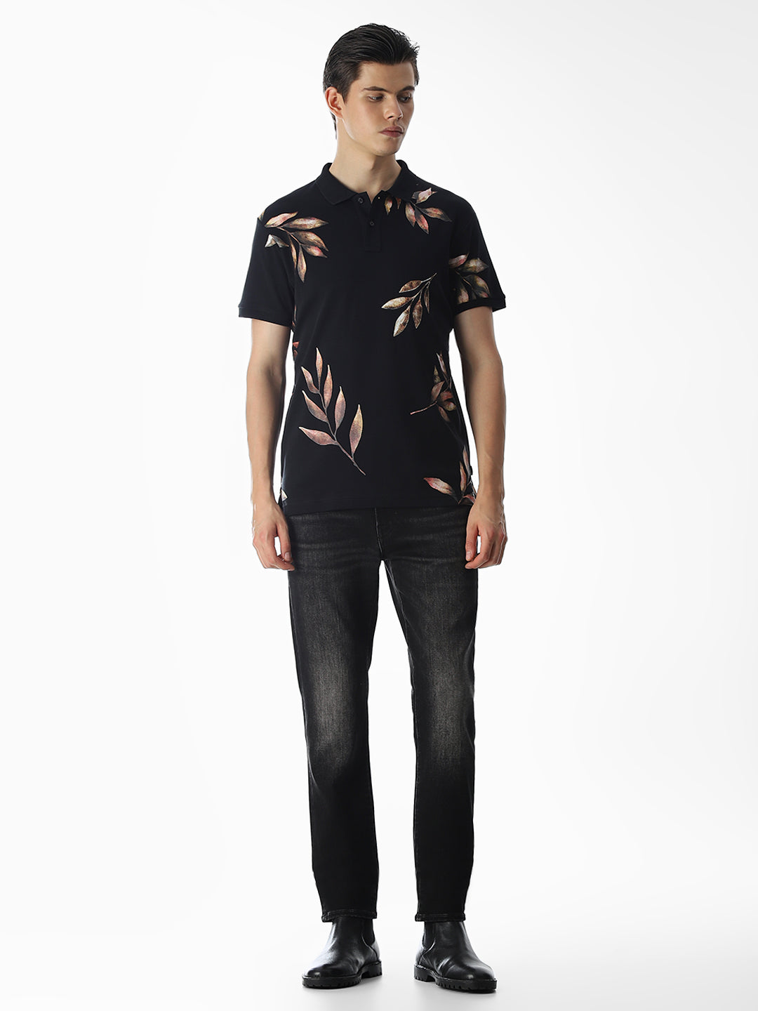 Black Printed Cotton Polo