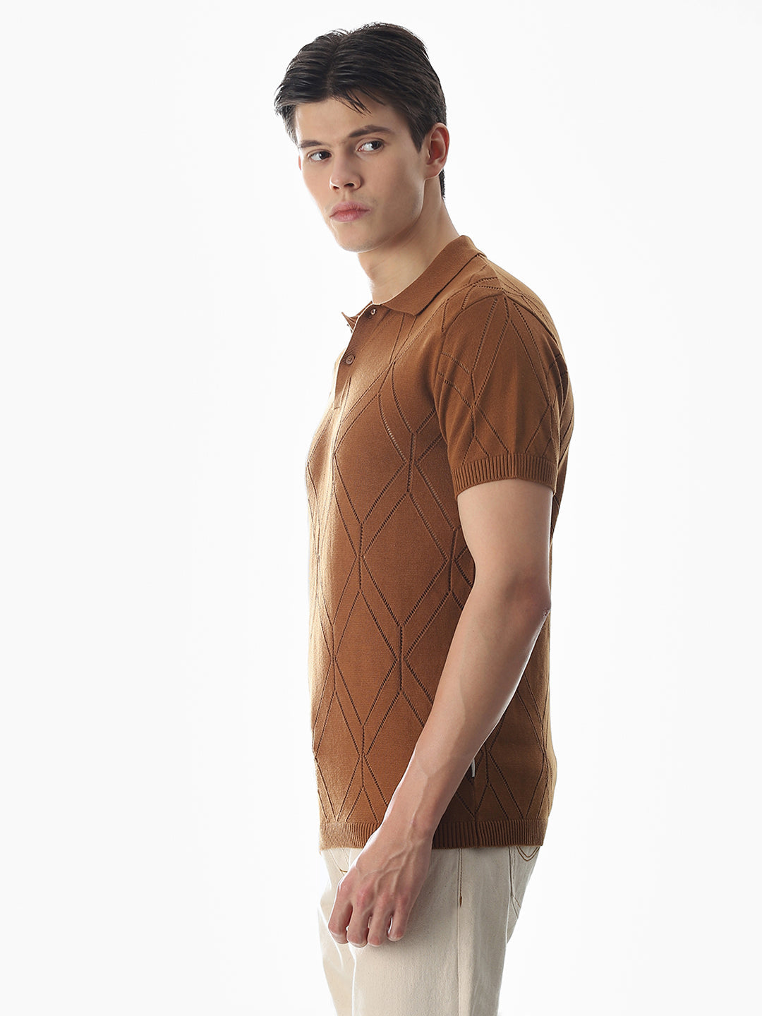 Brown Knitted Jacquard Polo