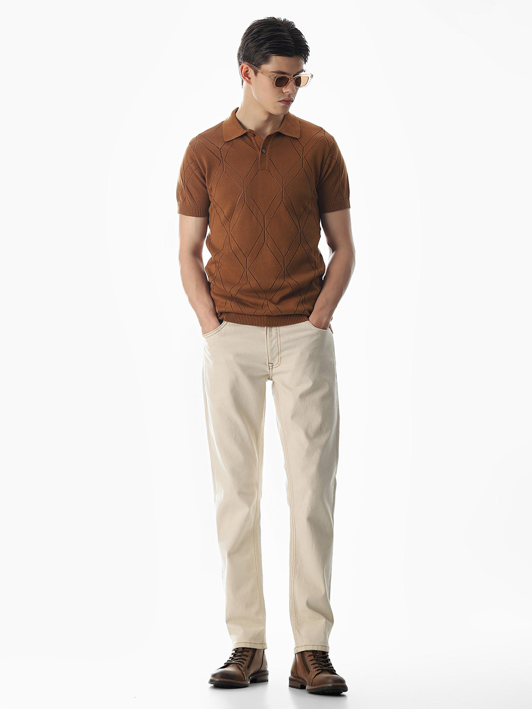Brown Knitted Jacquard Polo