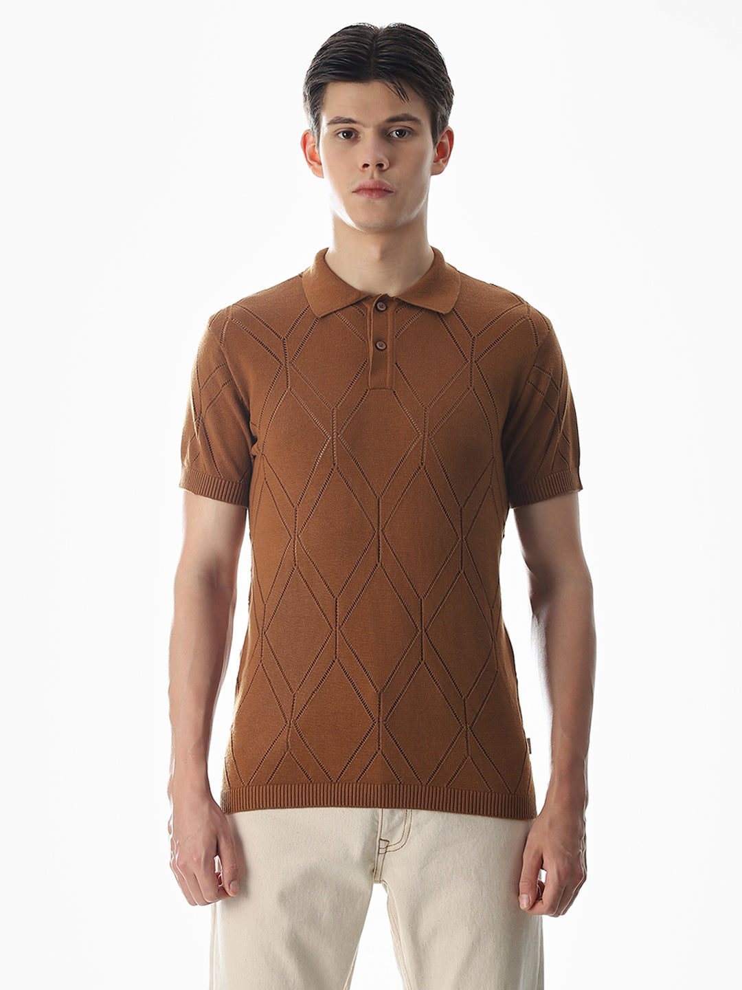 Brown Knitted Jacquard Polo