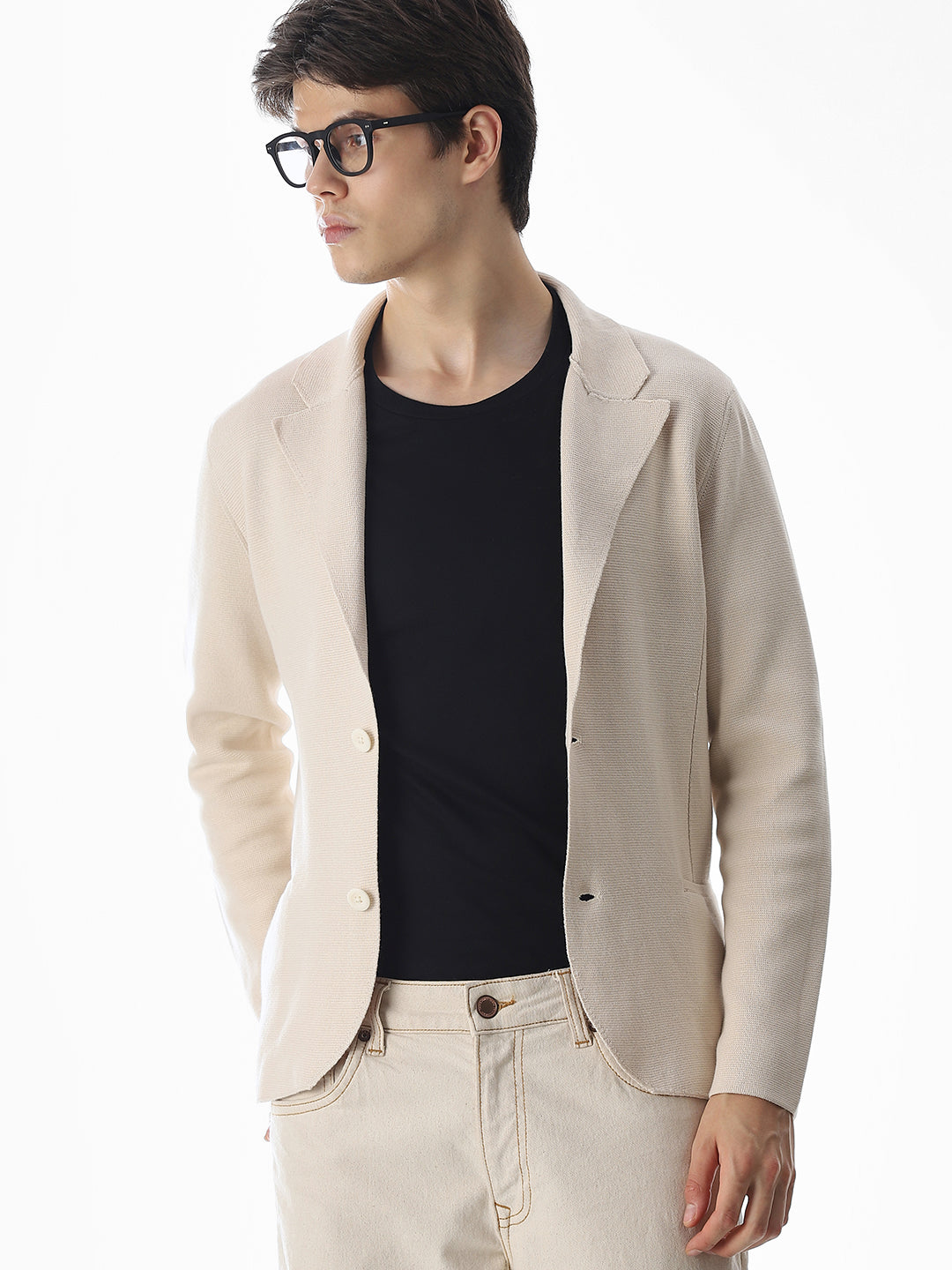 Beige Front Open Knitted Blazer