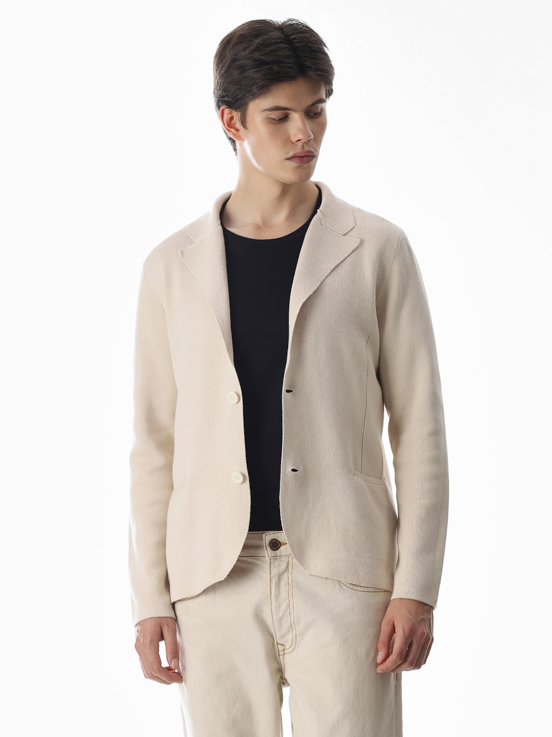 Beige Front Open Knitted Blazer