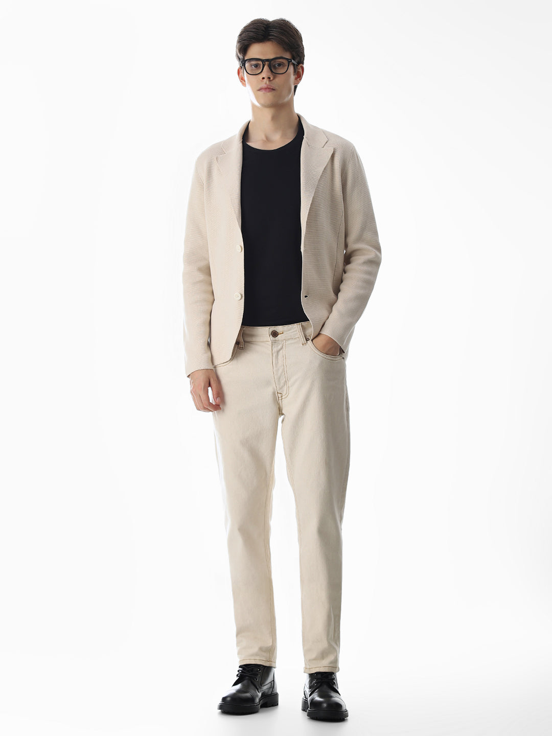 Beige Front Open Knitted Blazer