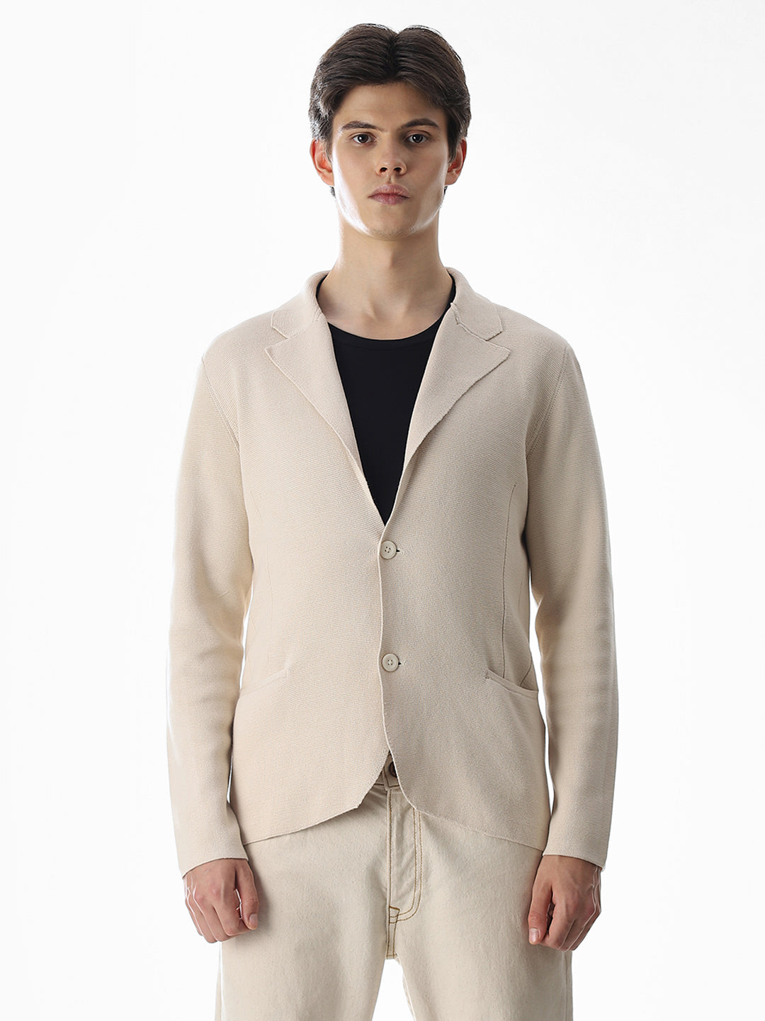 Beige Front Open Knitted Blazer