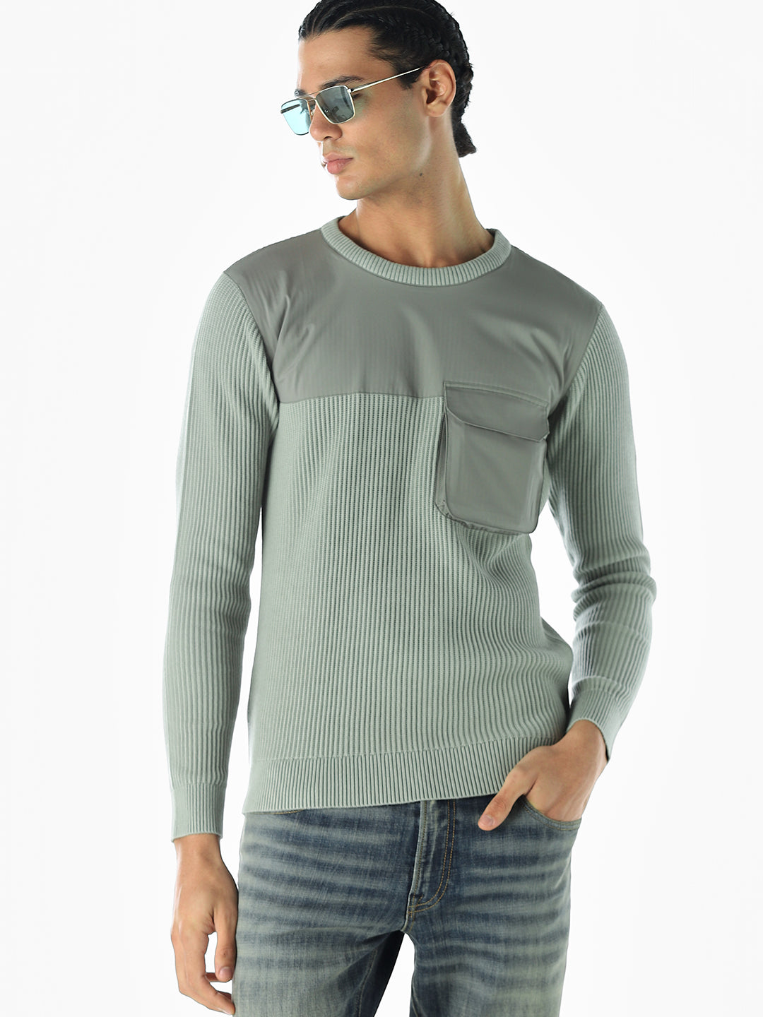 Knitted Crew Neck Green Pullover