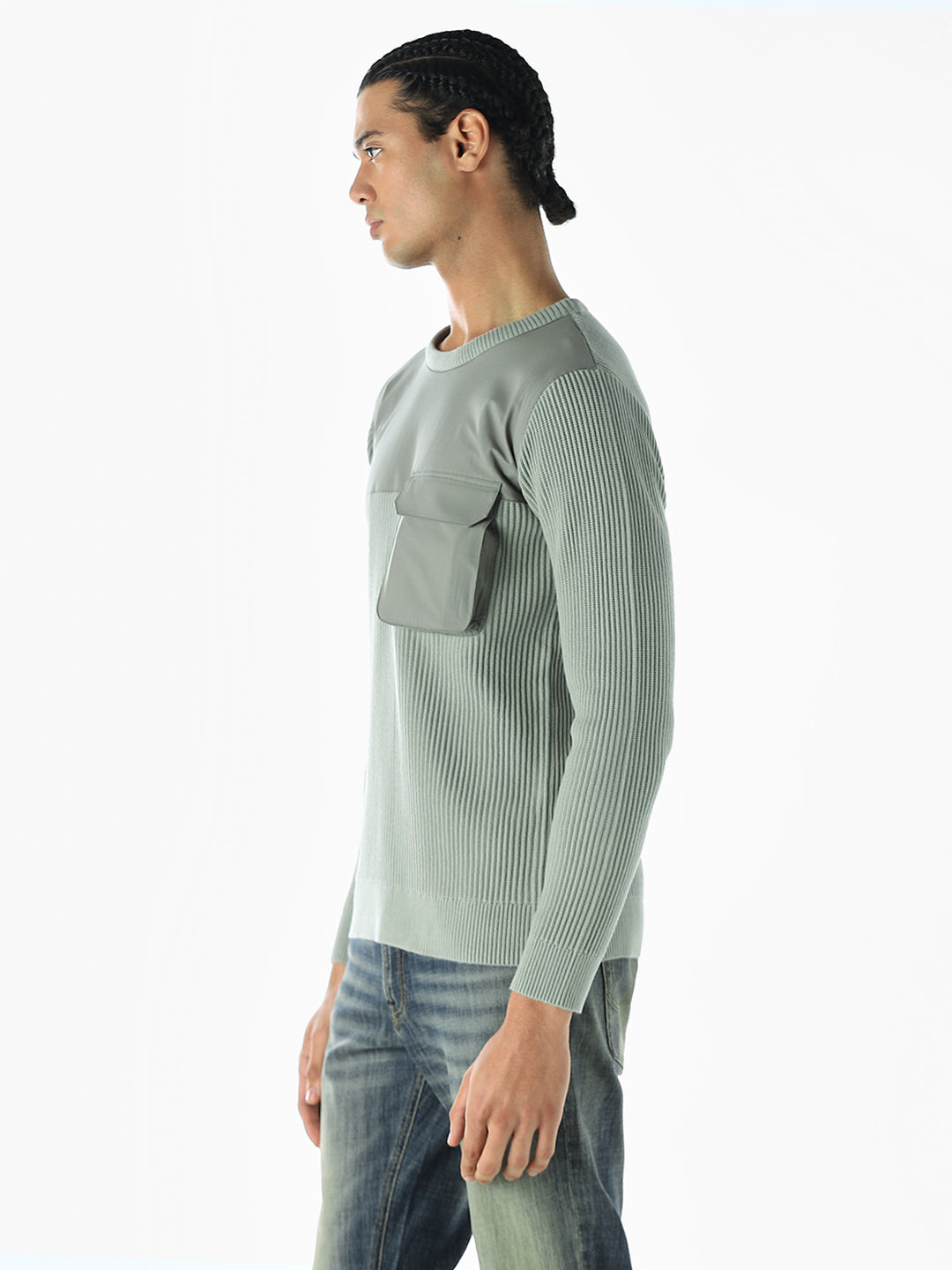 Knitted Crew Neck Green Pullover
