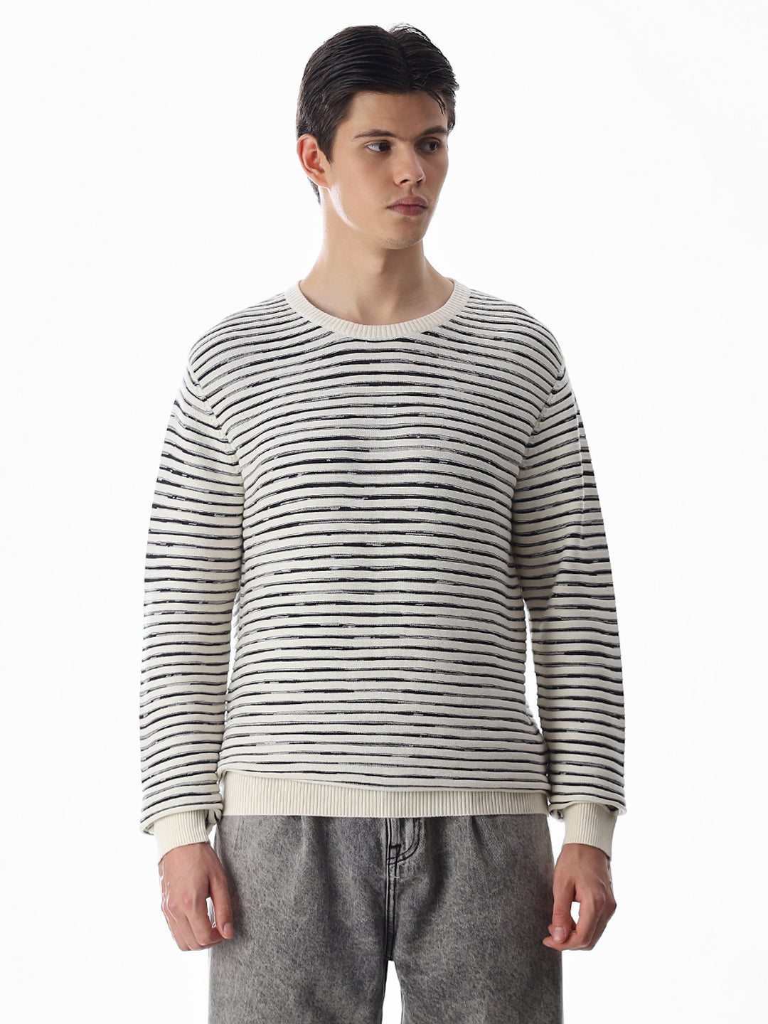 Cream Striped Cotton Pullover