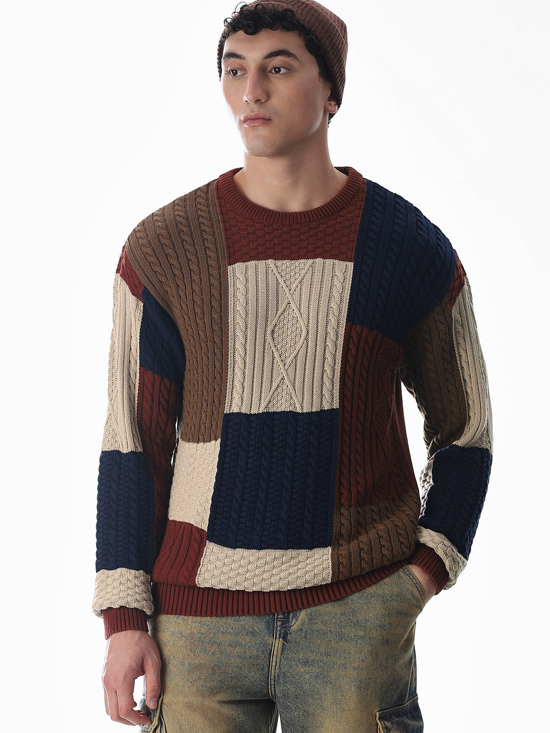 Brown Colourblocked Jacquard Pullover