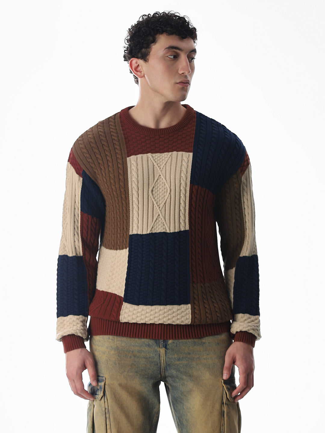 Brown Colourblocked Jacquard Pullover