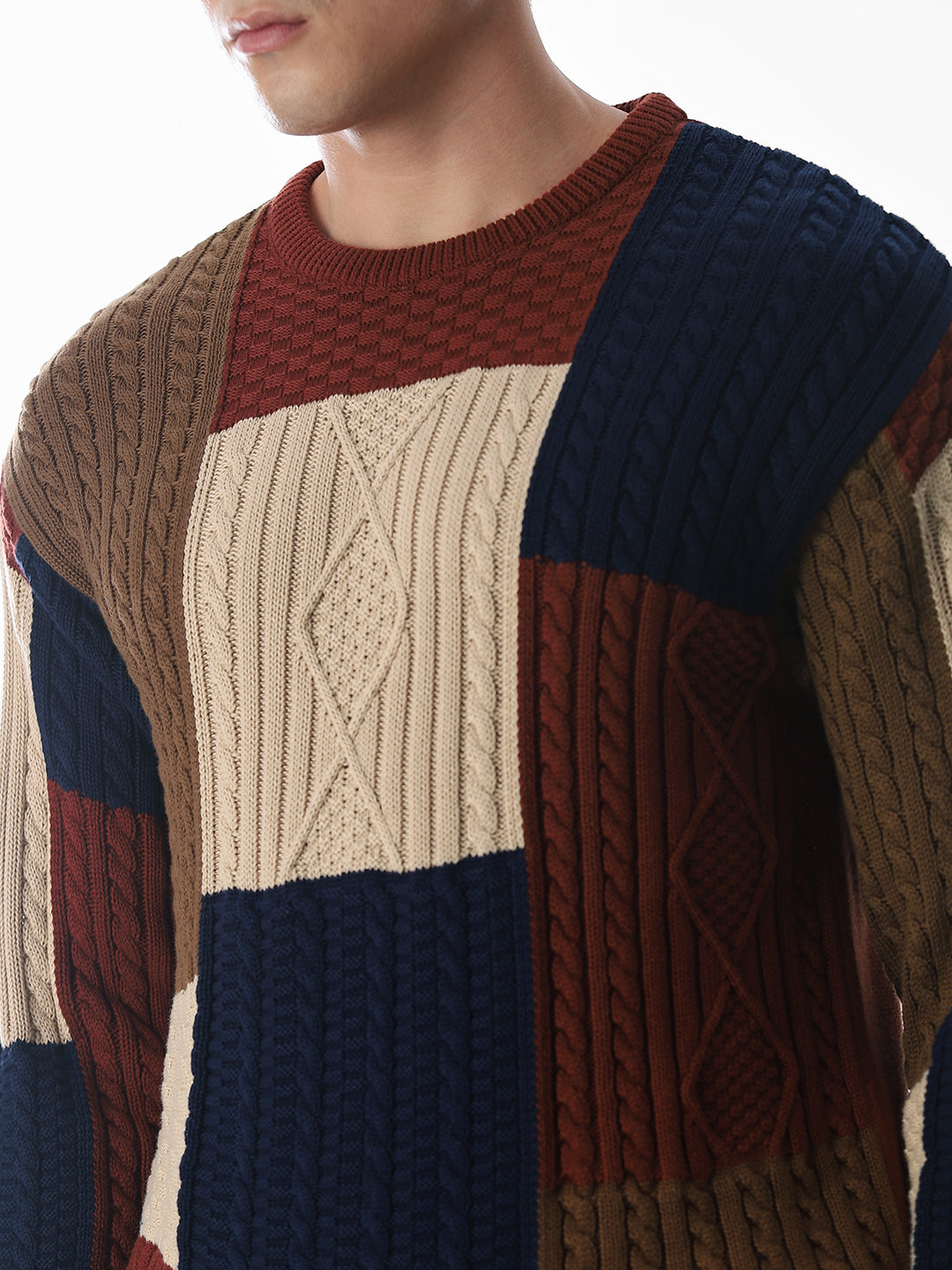 Brown Colourblocked Jacquard Pullover