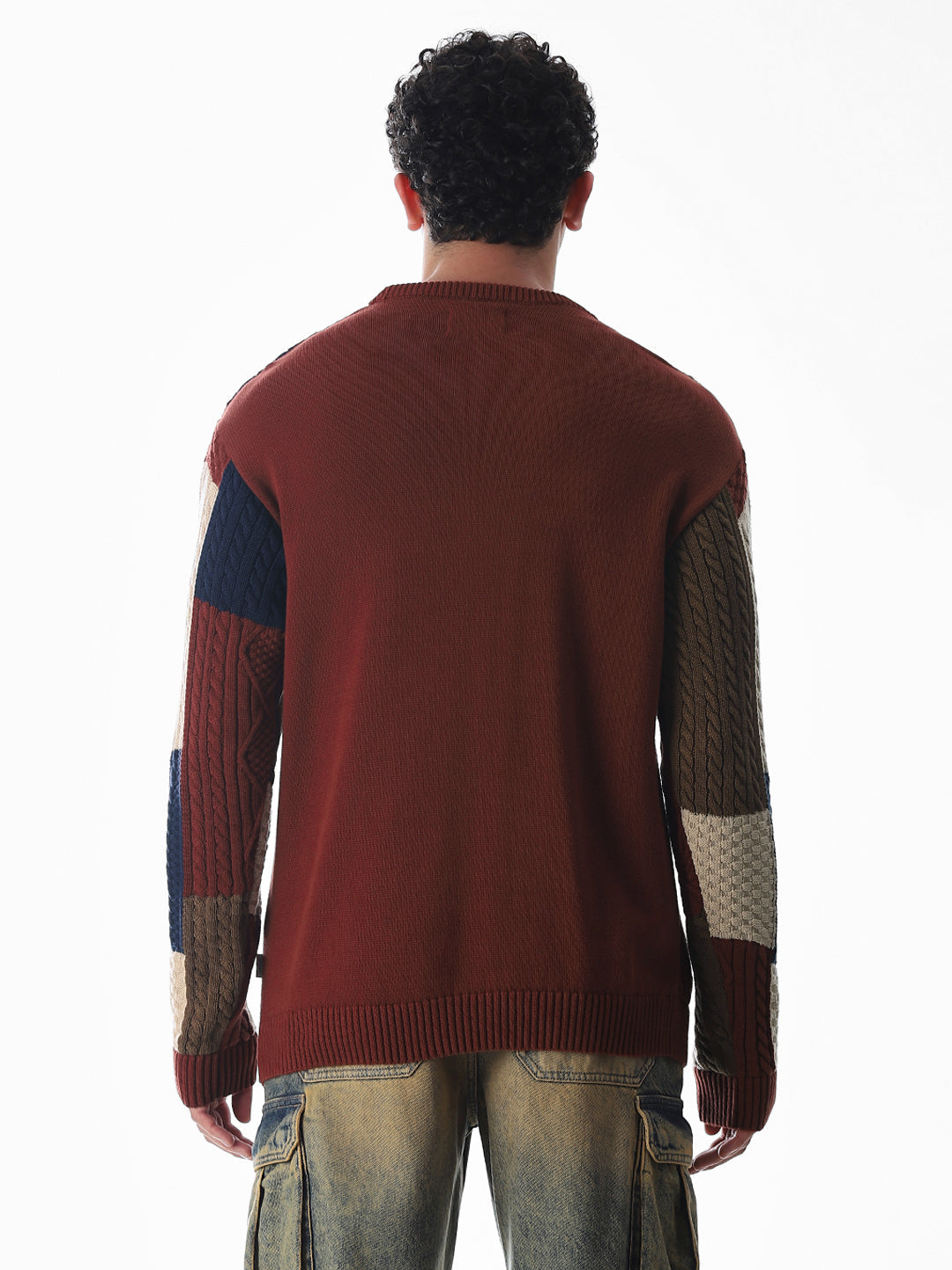 Brown Colourblocked Jacquard Pullover