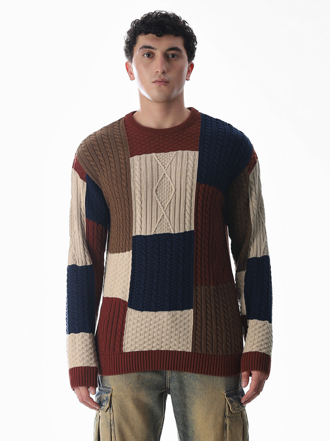 Brown Colourblocked Jacquard Pullover