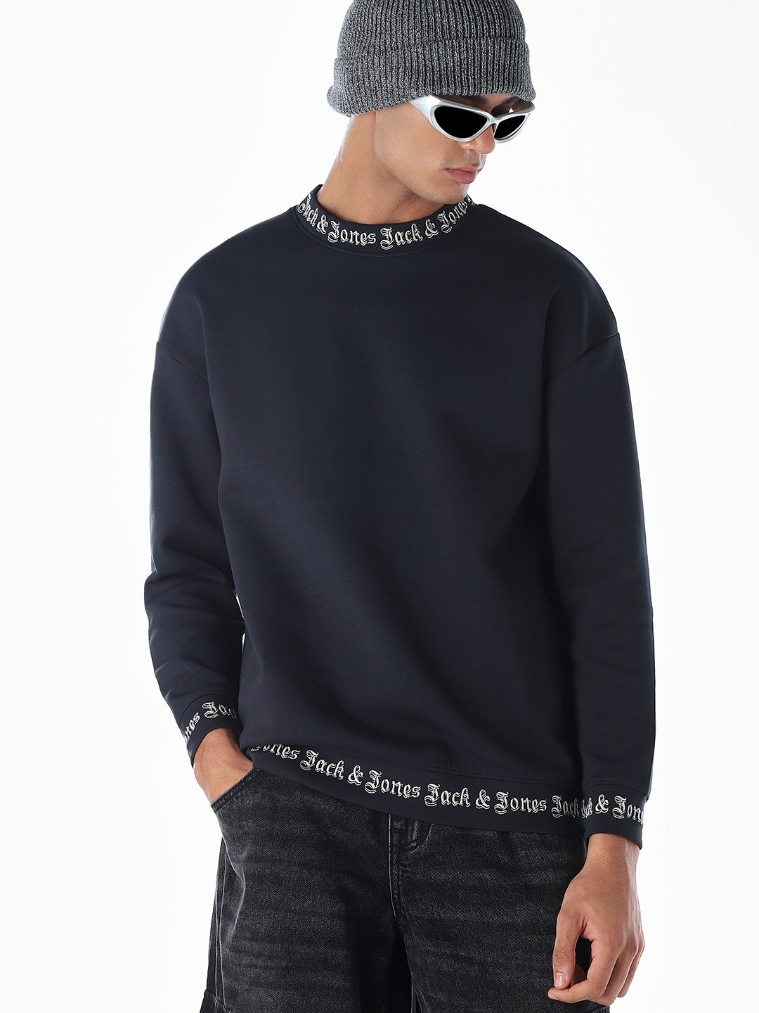 Dark Blue Logo Print Oversized Sweatshirt