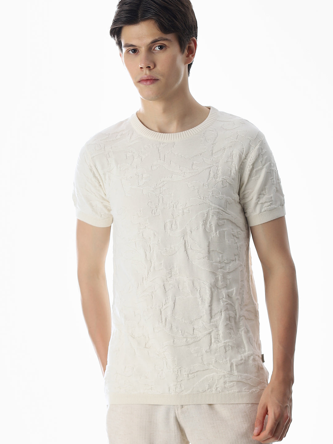 White Jacquard Crew Neck T-shirt