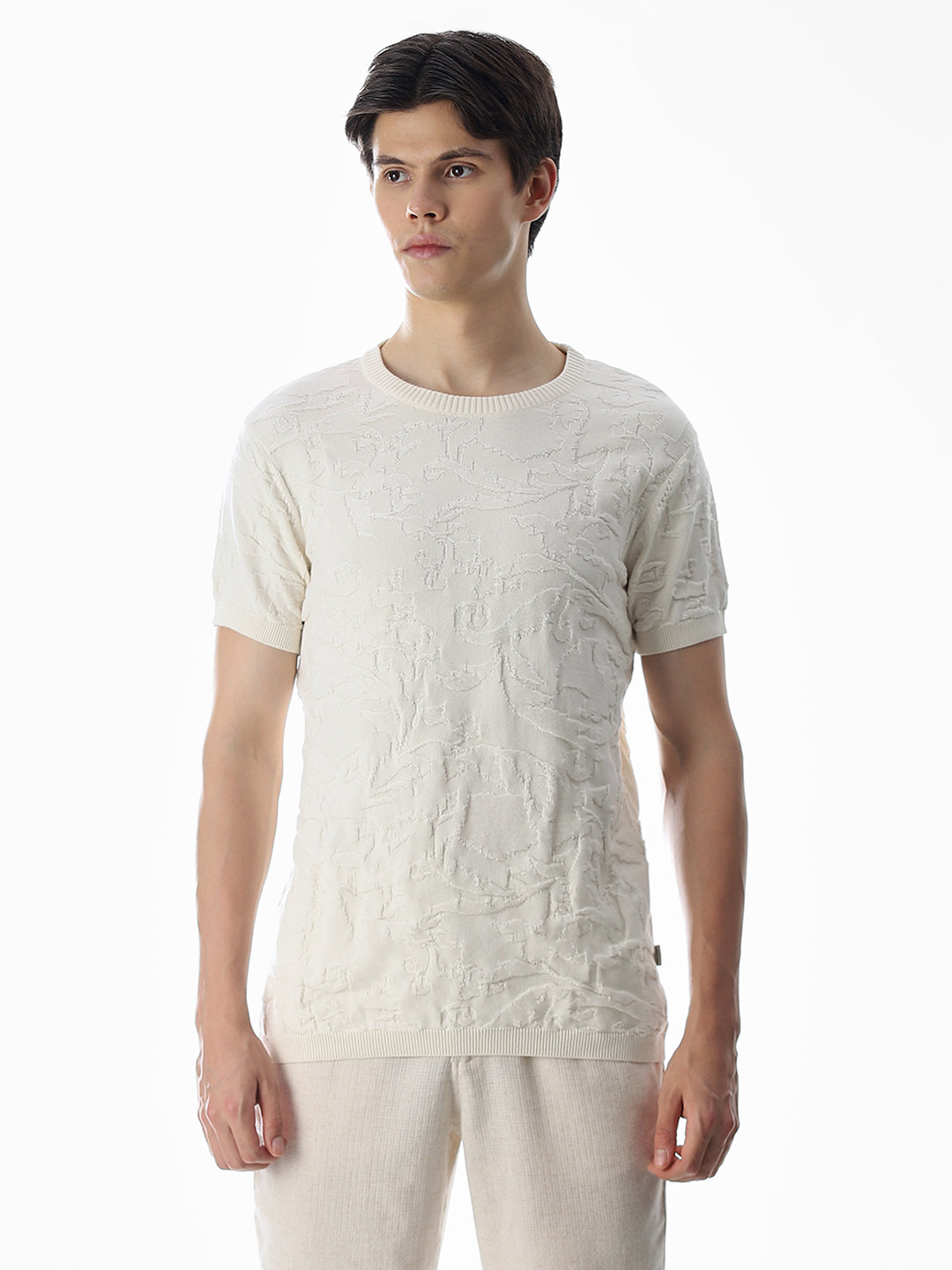 White Jacquard Crew Neck T-shirt