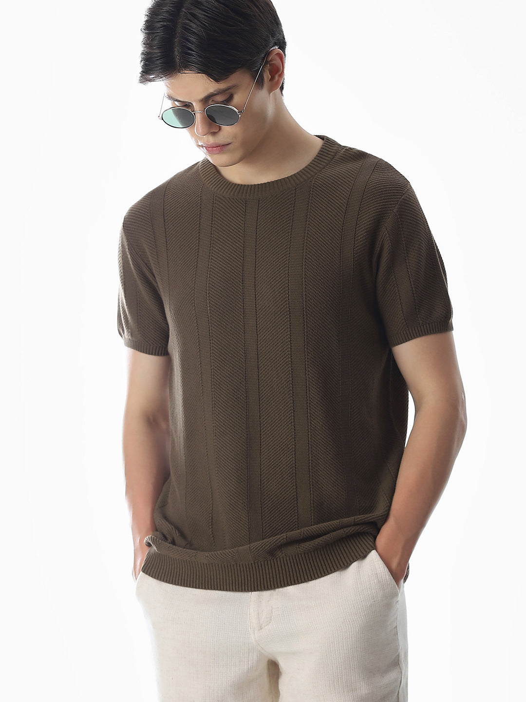 Brown Jacquard Knitted T-shirt