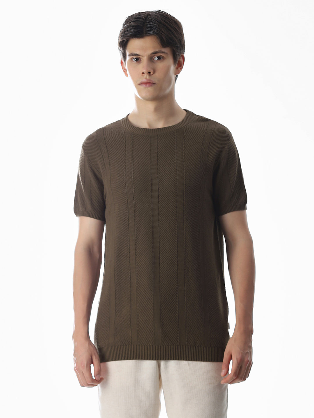 Brown Jacquard Knitted T-shirt