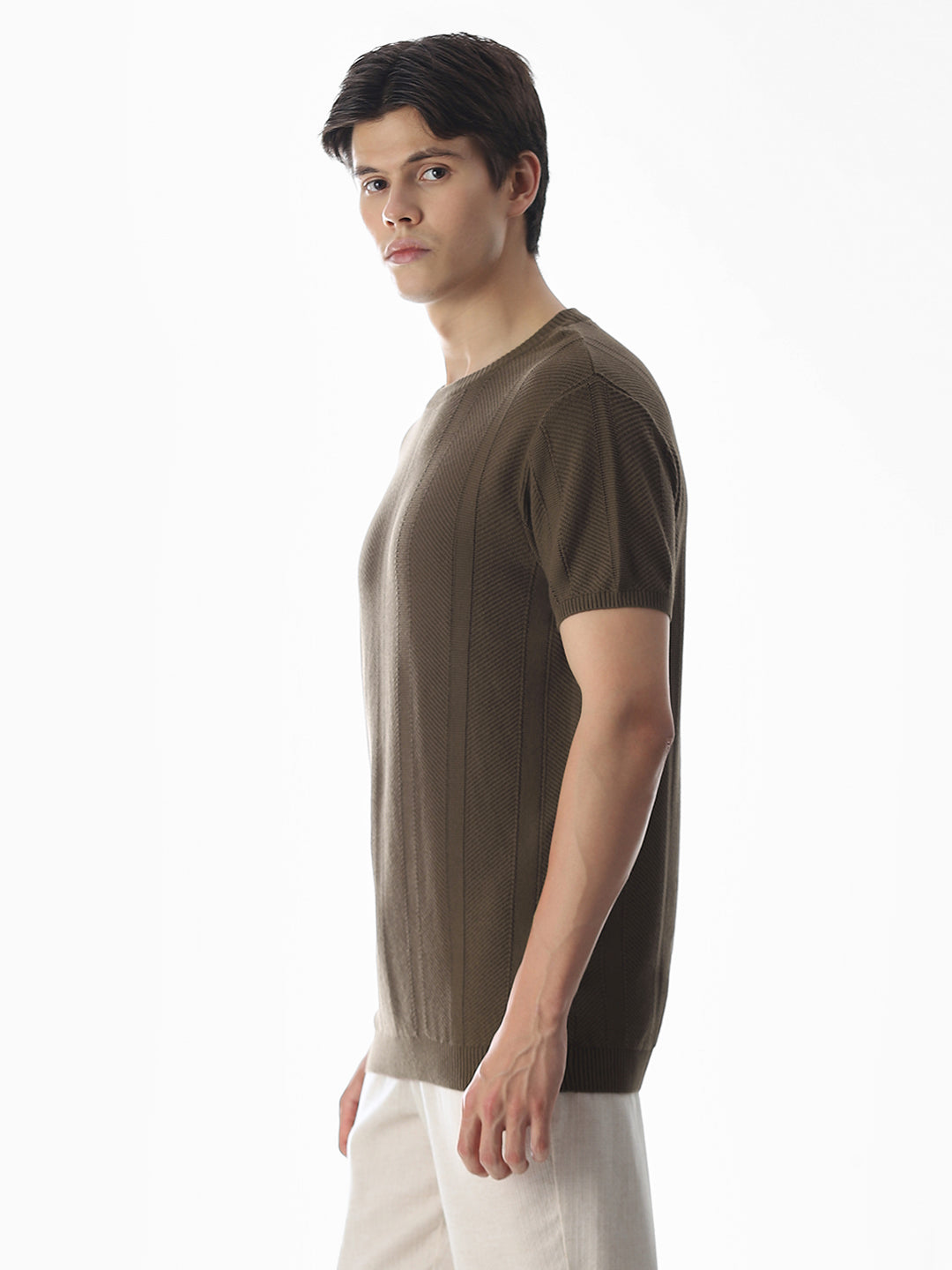 Brown Jacquard Knitted T-shirt