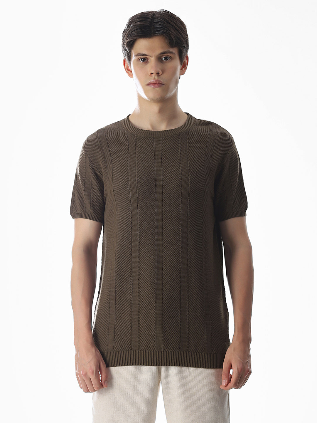 Brown Jacquard Knitted T-shirt