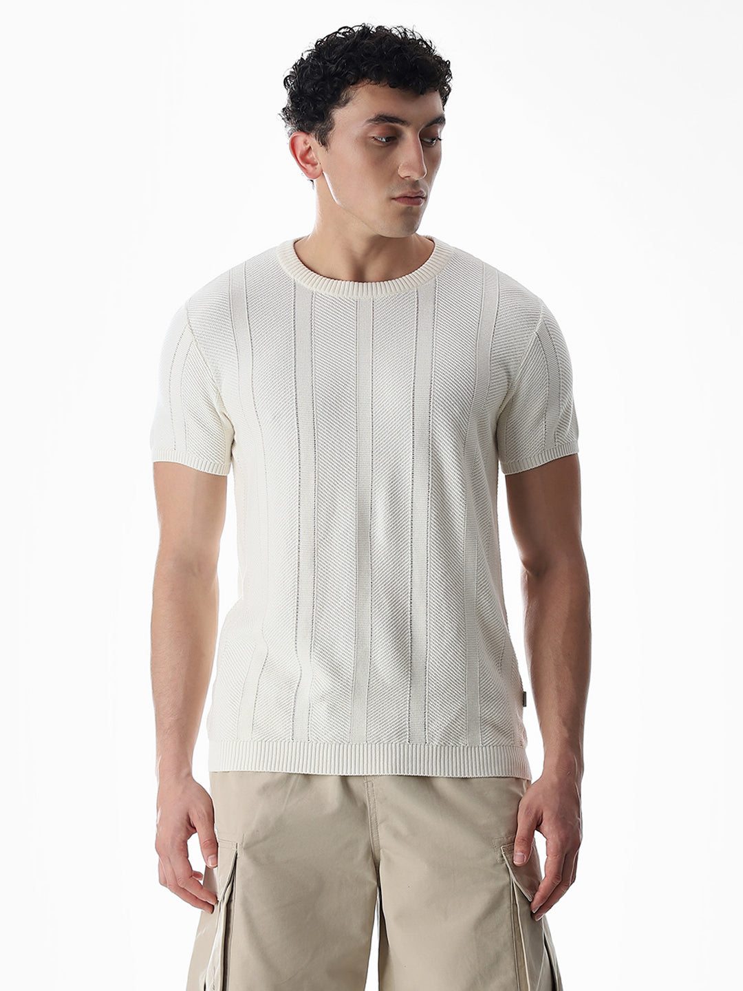 White Jacquard Knitted T-shirt