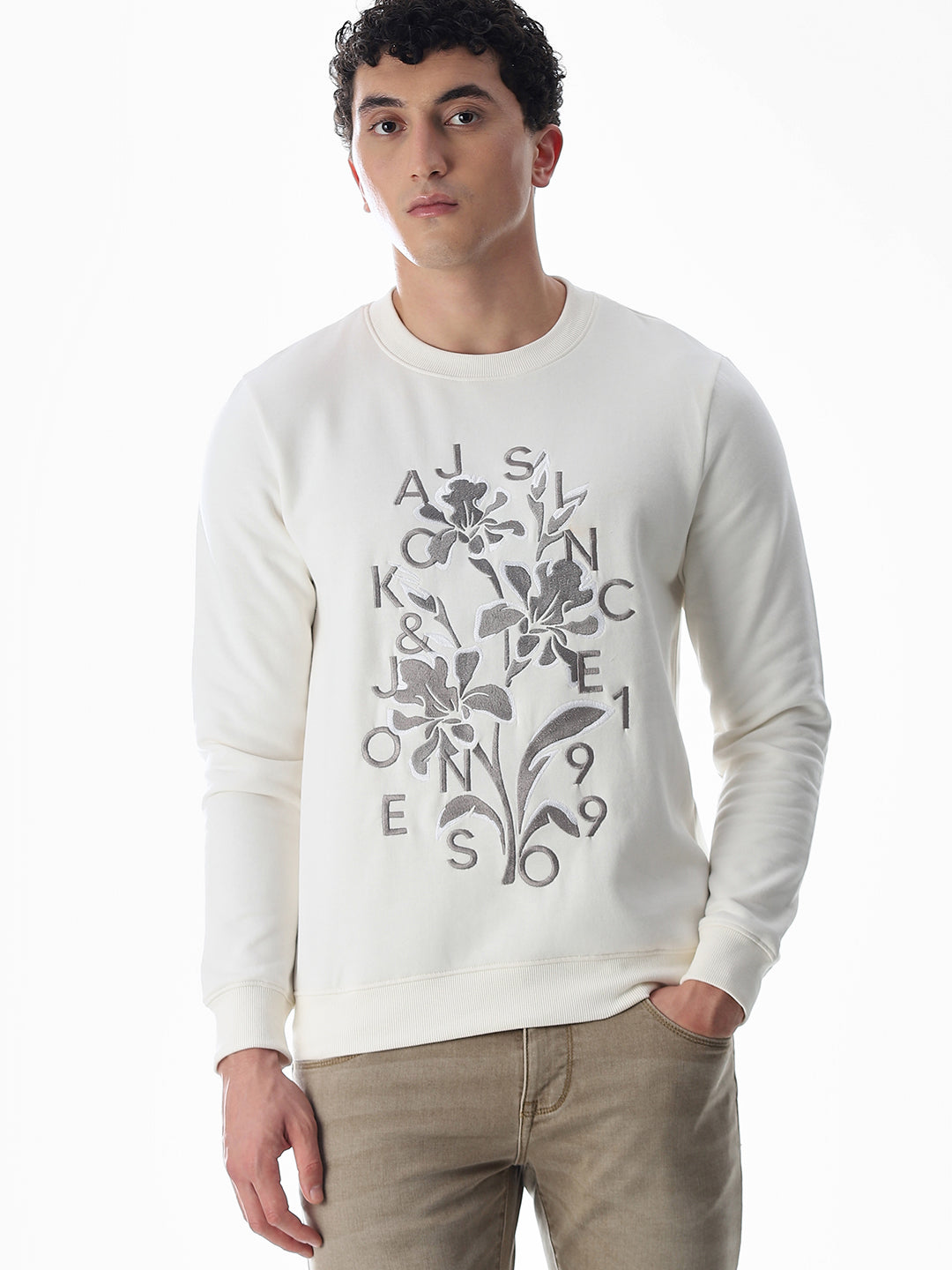 White Embroidered Print Sweatshirt
