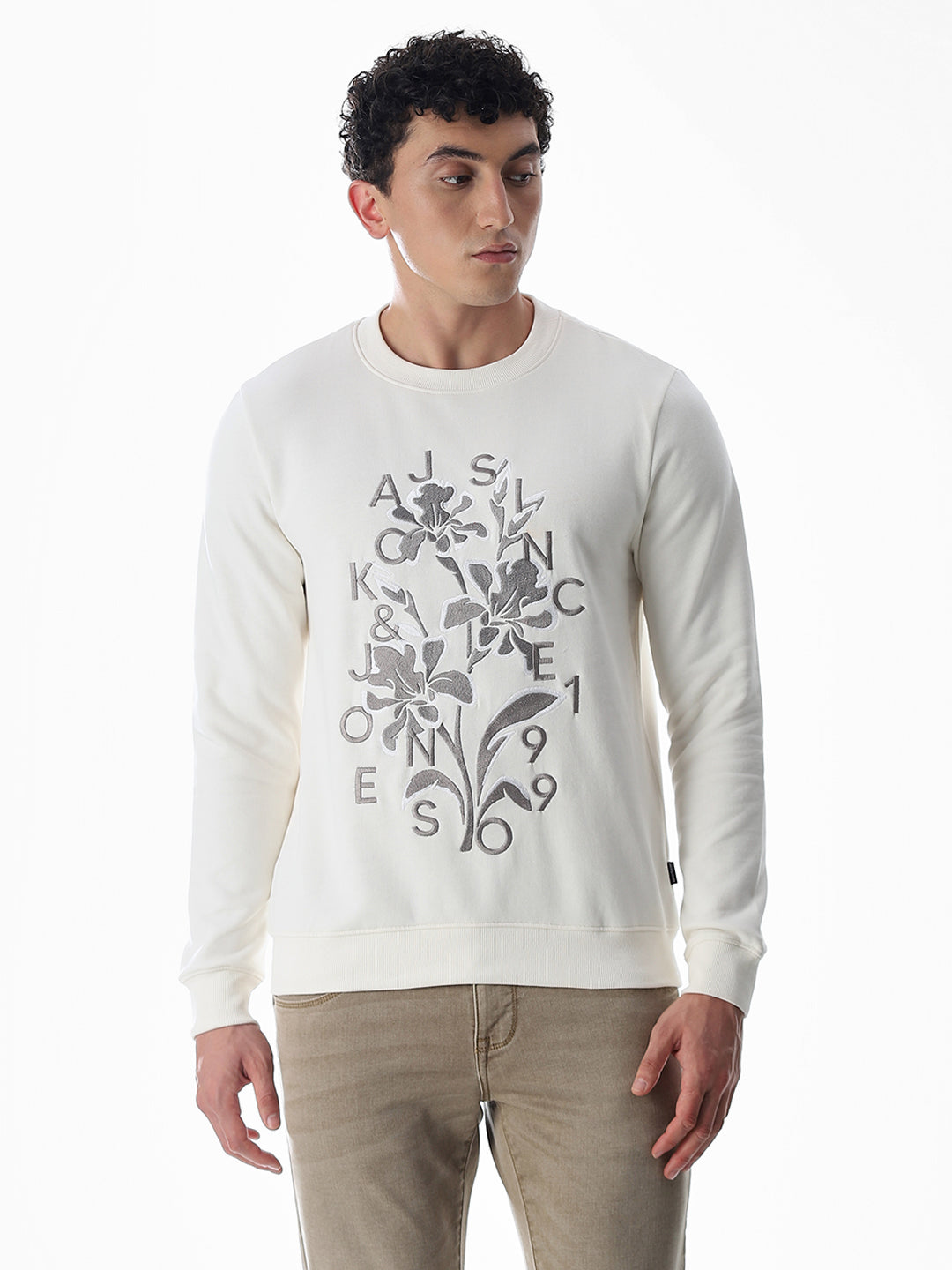 White Embroidered Print Sweatshirt