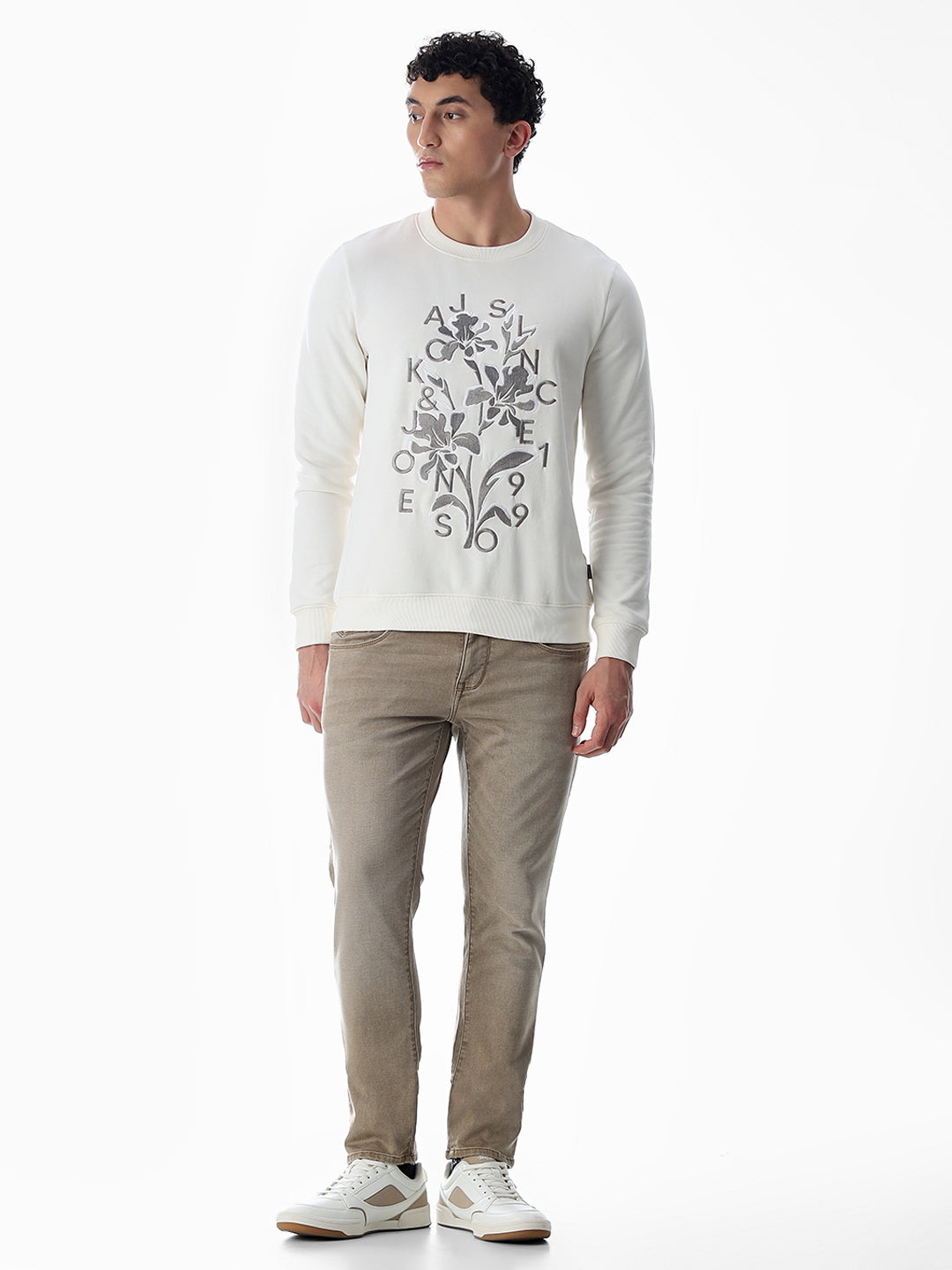 White Embroidered Print Sweatshirt