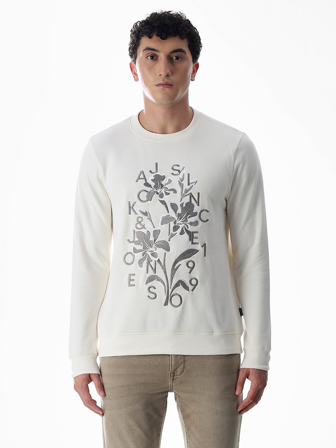 White Embroidered Print Sweatshirt