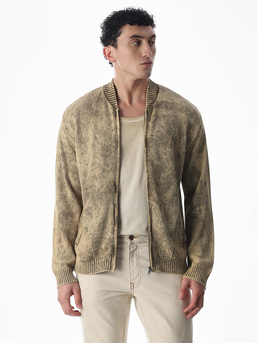 Heavily Washed Front Open Sweater