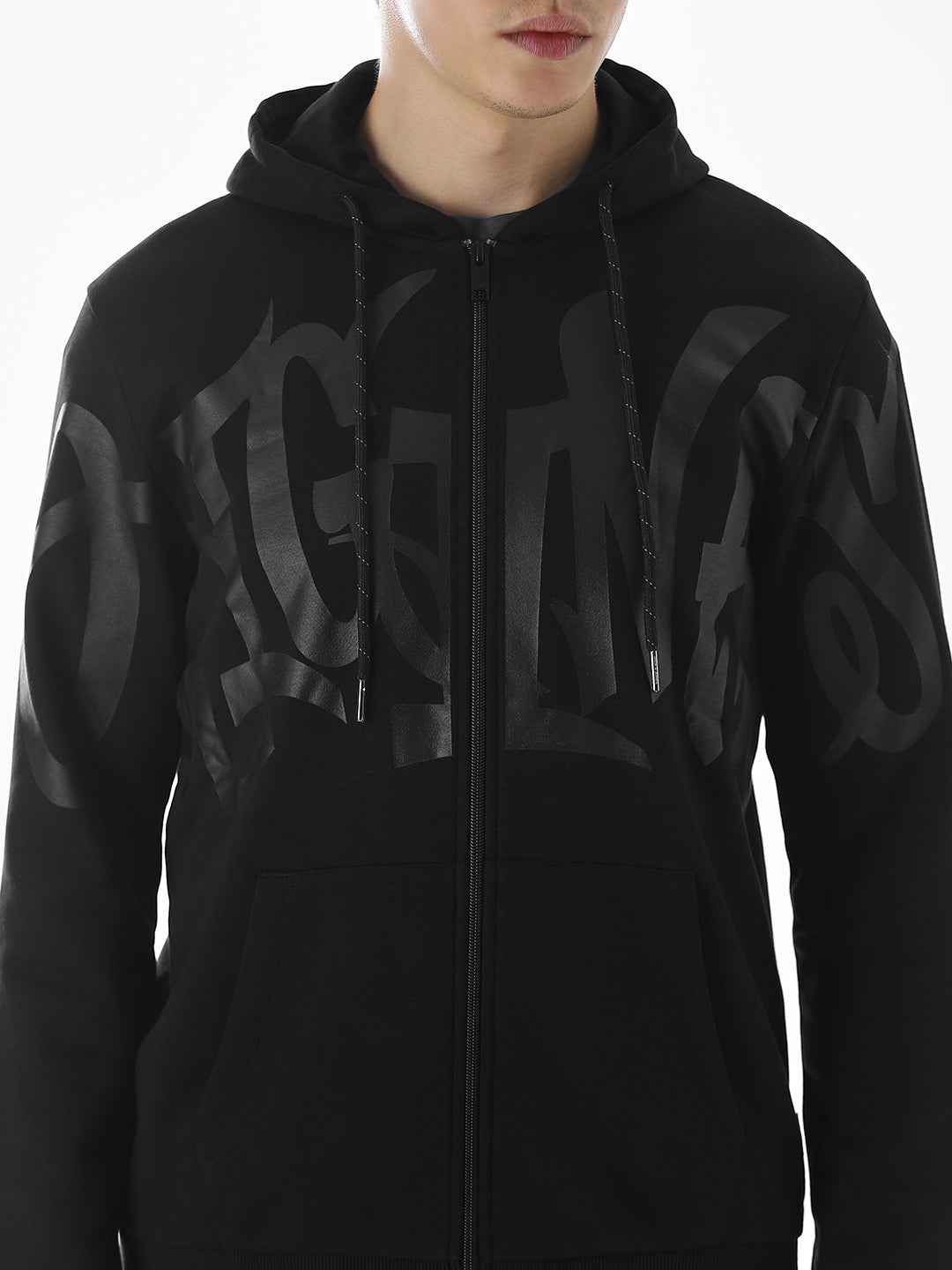 Black Typographic Print Front Open Sweatshirt