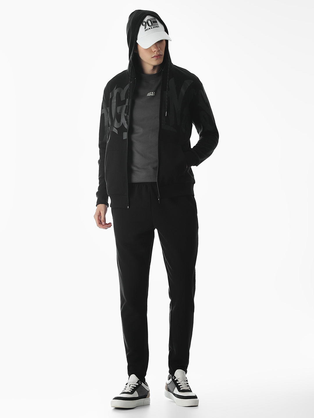 Black Typographic Print Front Open Sweatshirt