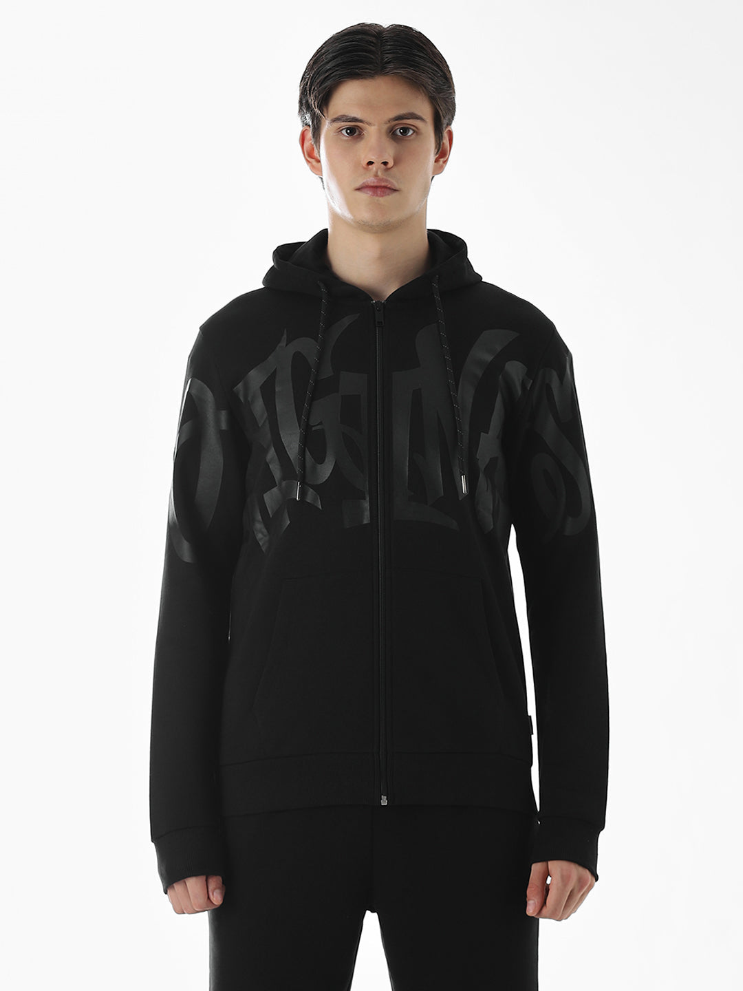 Black Typographic Print Front Open Sweatshirt