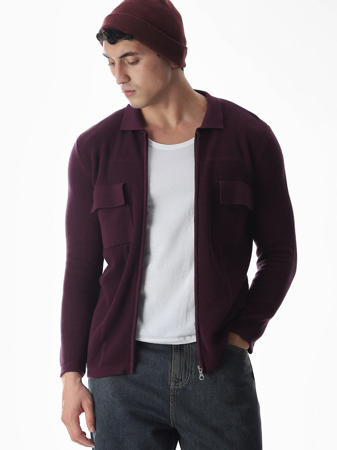 Purple Knitted Front Open Shirt