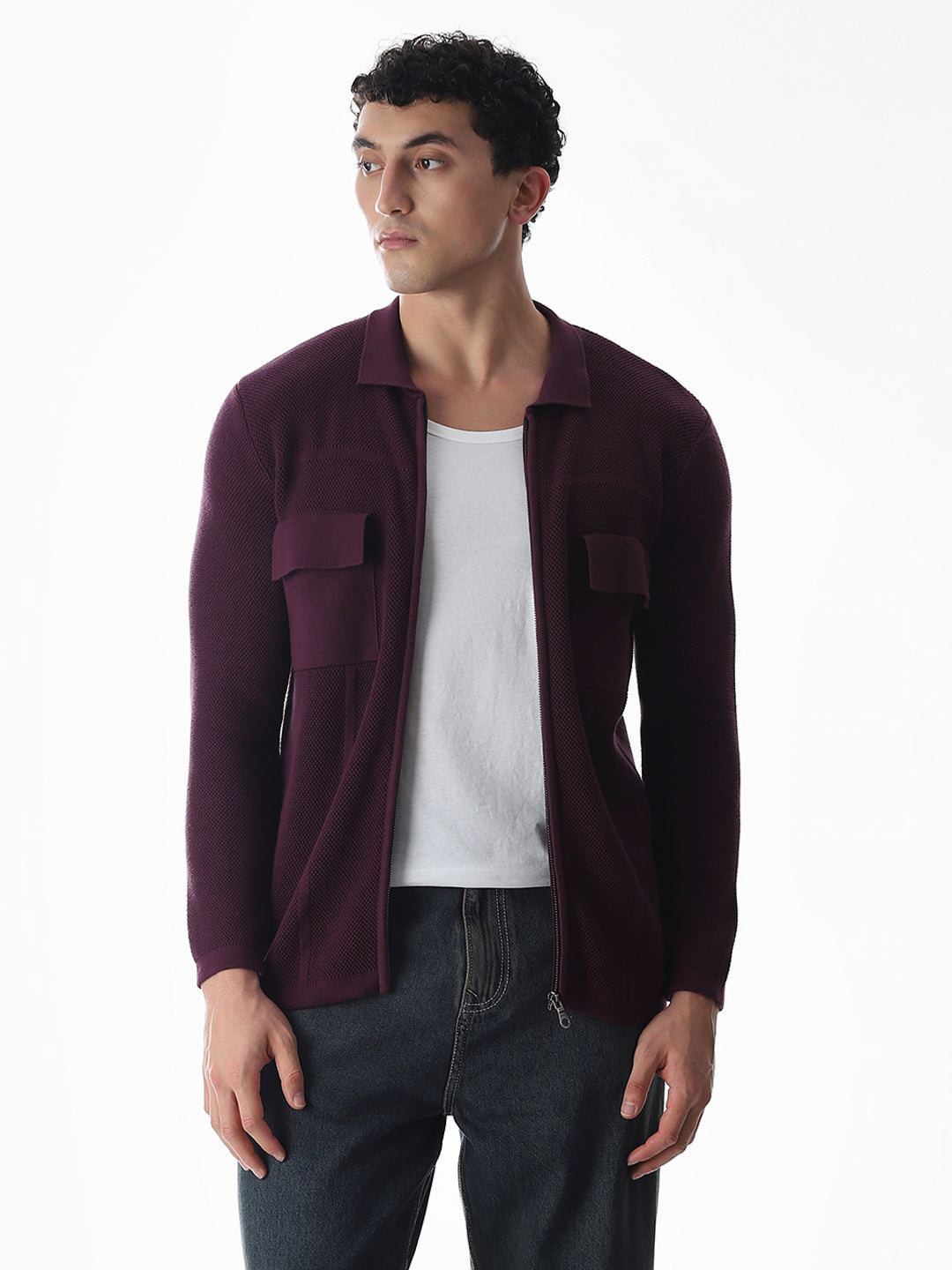 Purple Knitted Front Open Shirt