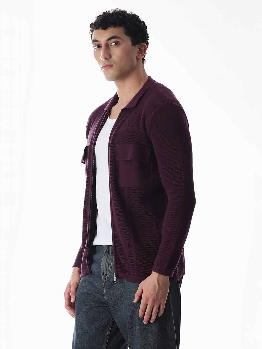 Purple Knitted Front Open Shirt