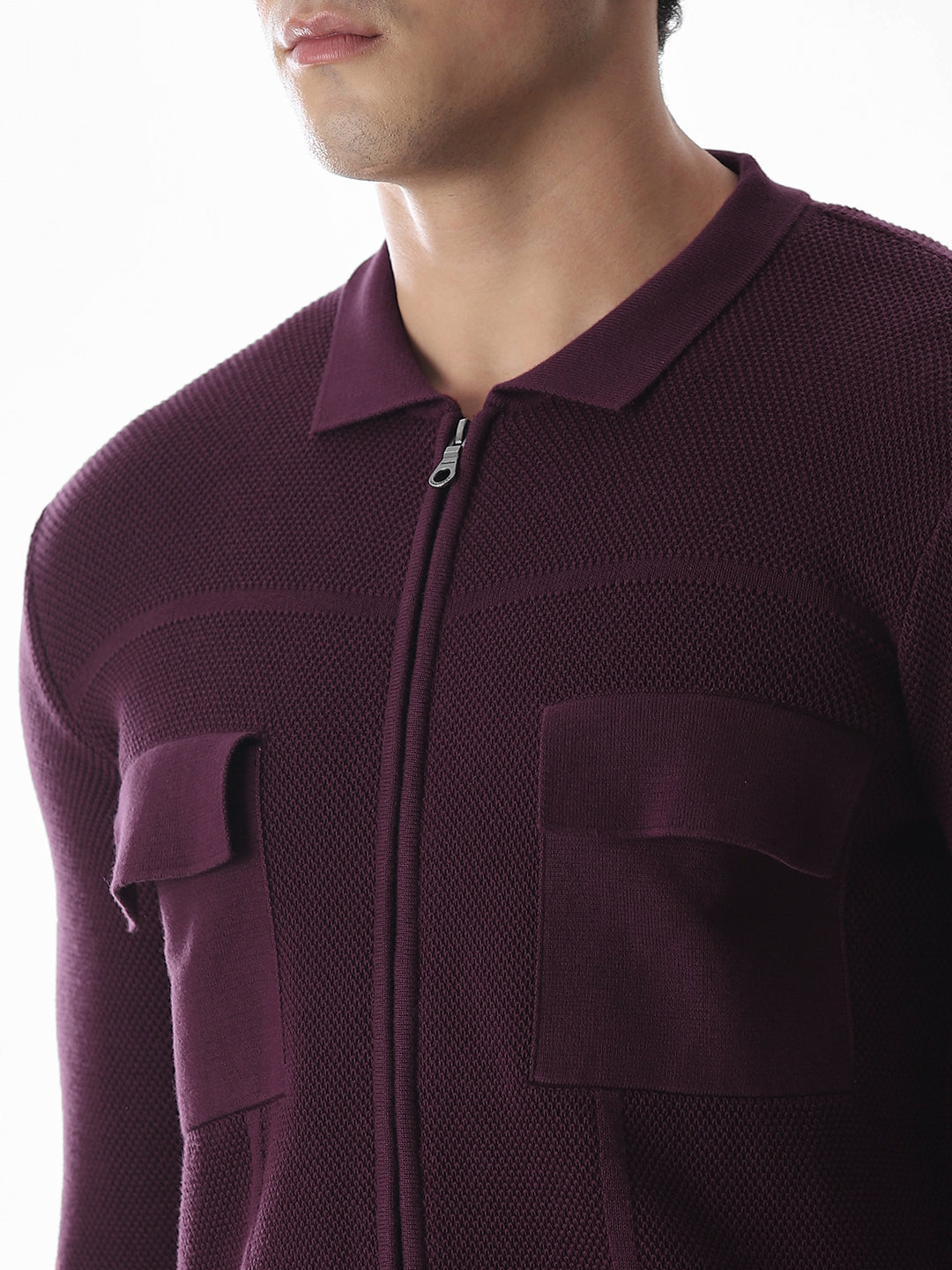 Purple Knitted Front Open Shirt